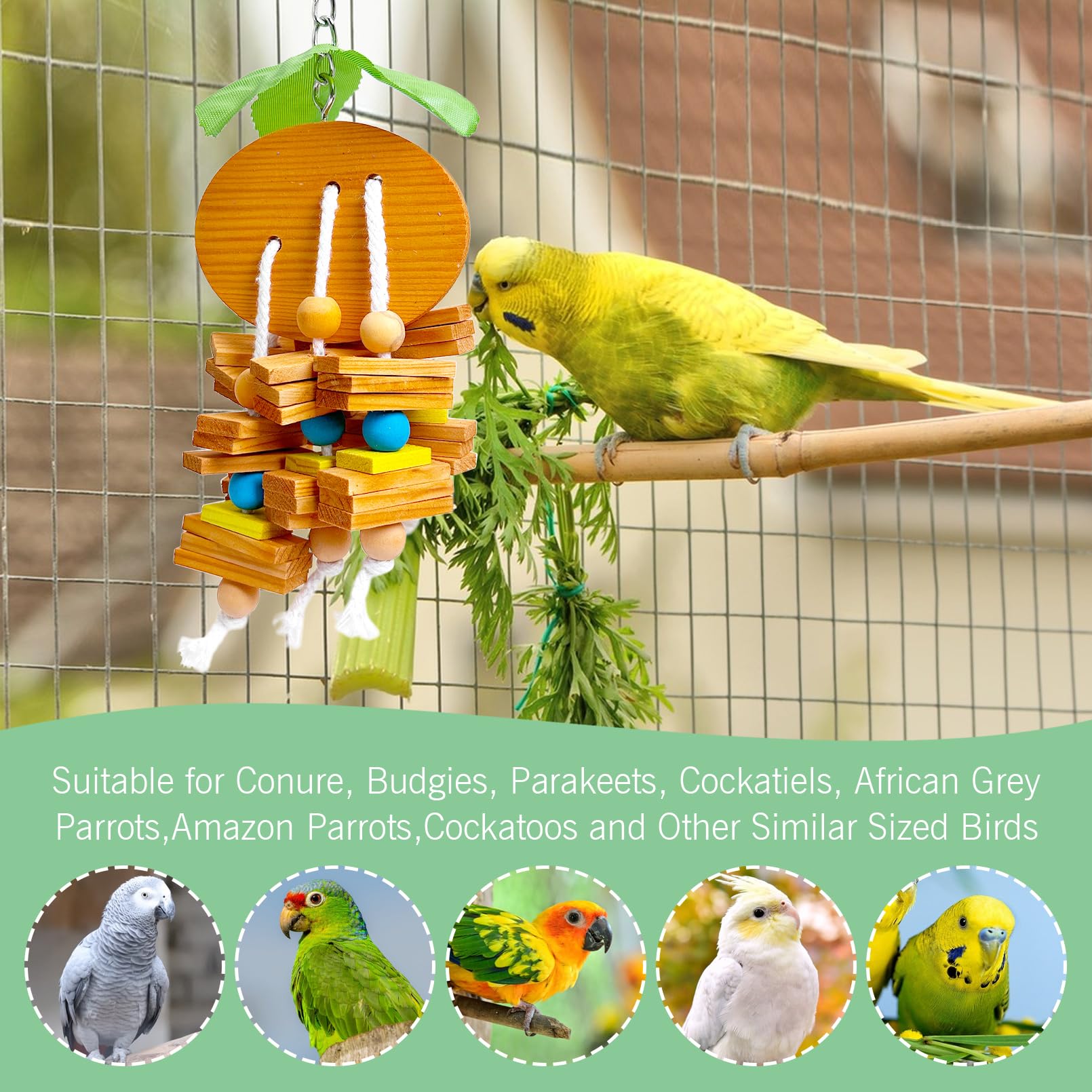Hamiledyi Natural Wood Block Bird Cage Toys Parrot Chewing Toy Orange&Apple& Banana&Grapes Shaped Hanging Foraging Toy For Small