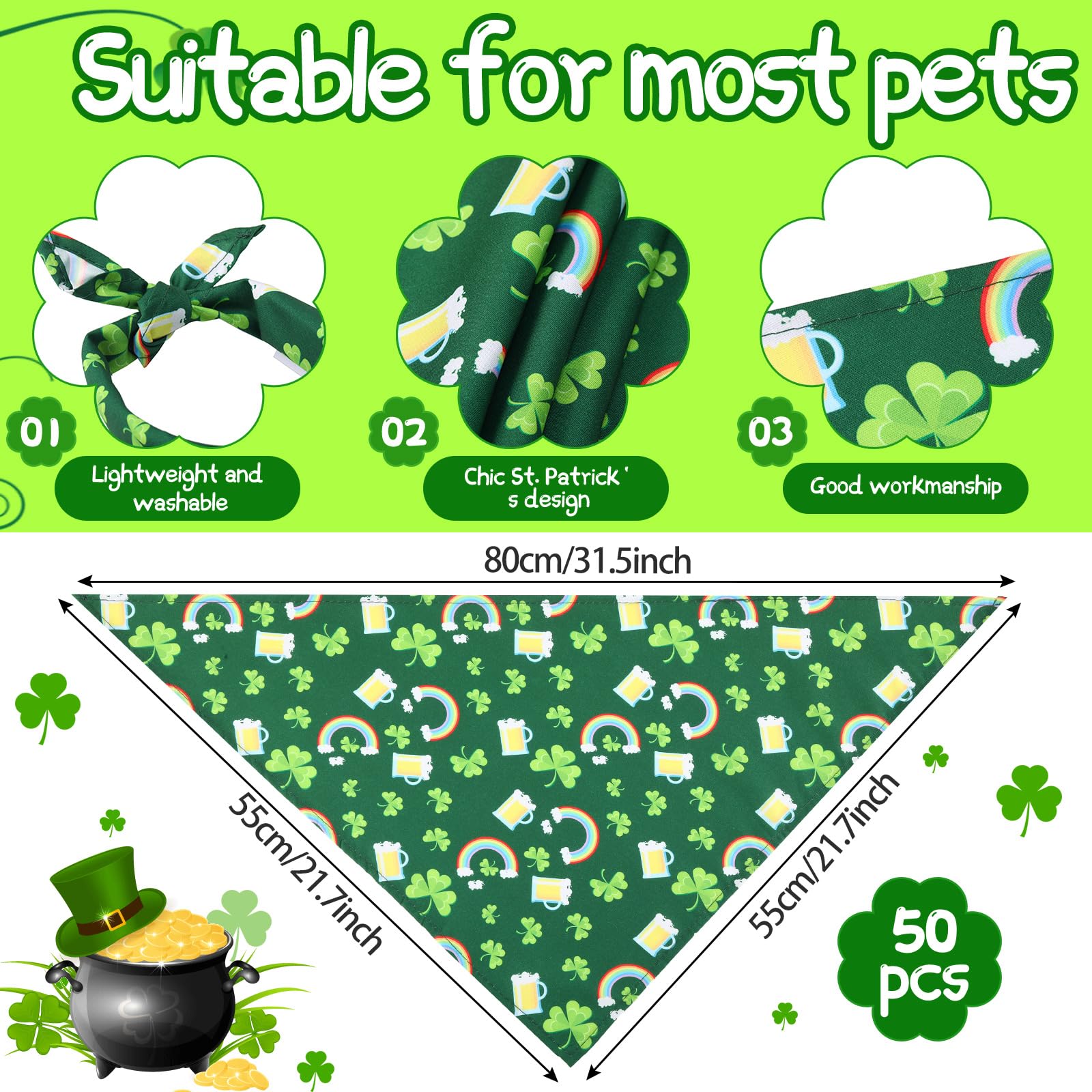 Sanwuta 50 Pieces St. Particks Dog Bandanas Bulk Bibs Triangle Dog Bandanas With Clover Patterns For St. Particks Pet Costume De