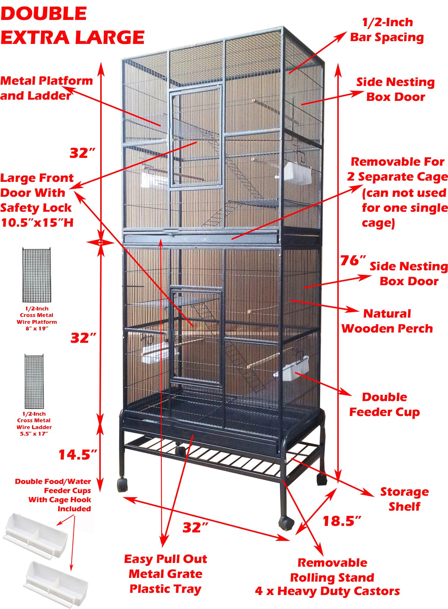 Extra Large Tall Double Stackable Ferret Chinchilla Sugar Glider Small Animal Chew-Proof Tight Bar Spacing Separate Cage Easy Pu