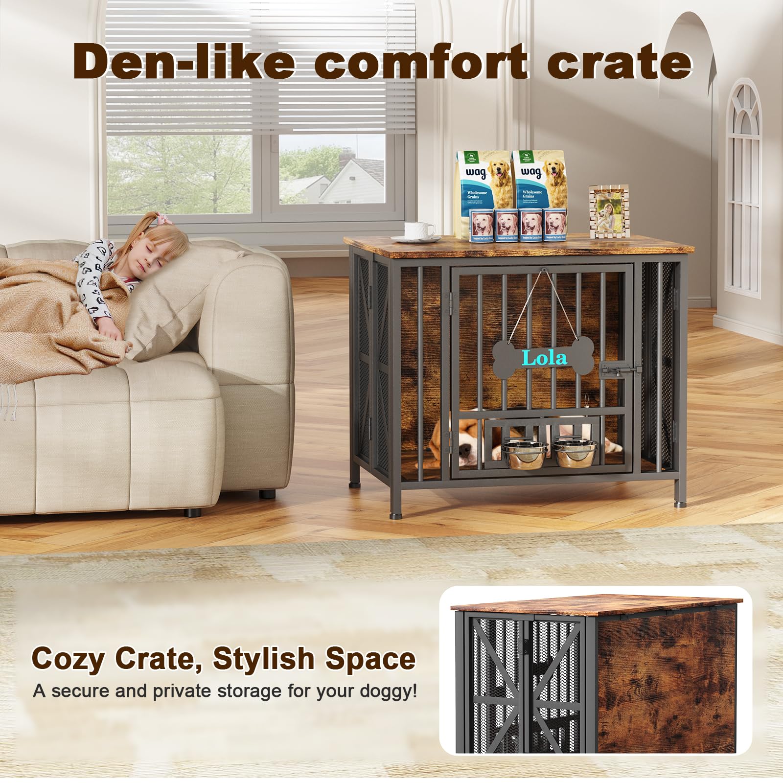 Easycom Dog Crate Furniture, 31.5 Assembly-Free Dog Crates for Small & Medium Dogs, Foldable Dog Kennel Indoor with Tag & Adjust