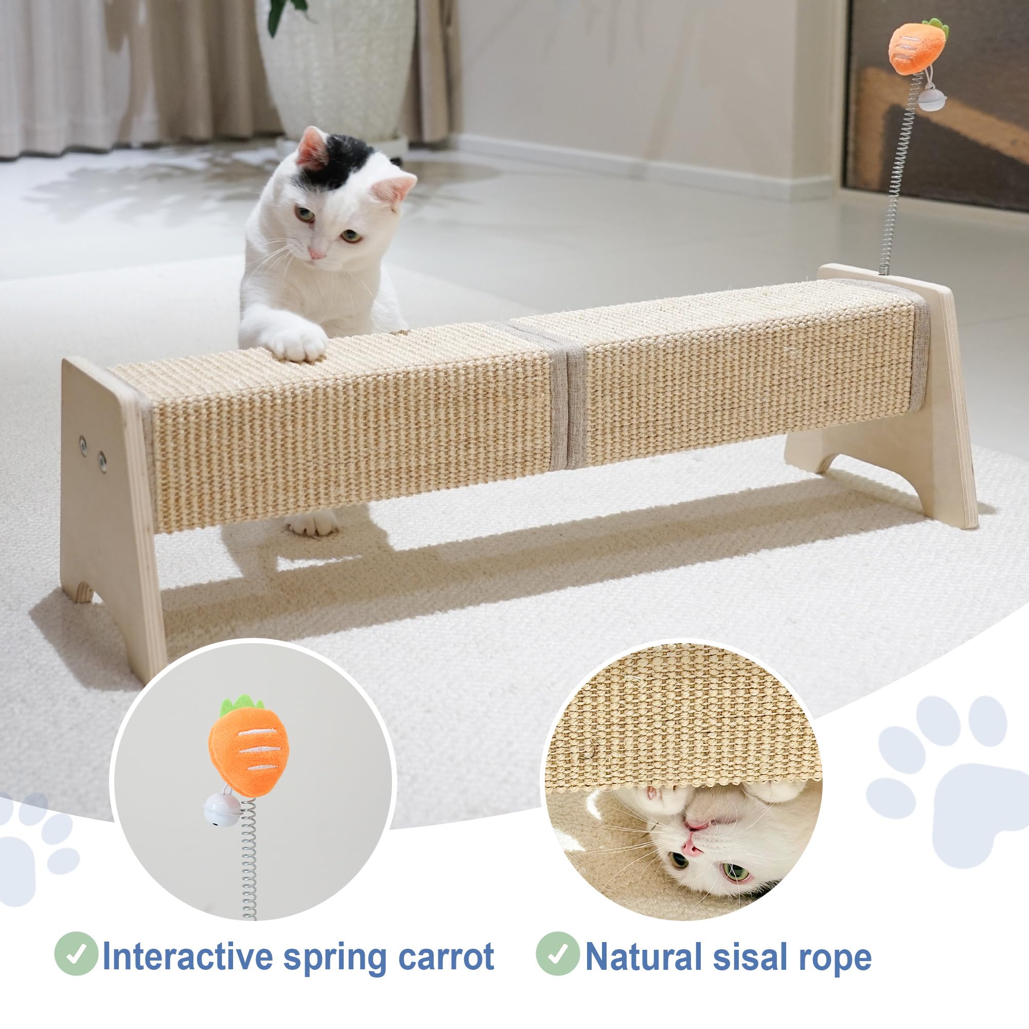 Aberatail Cat Scratching Post, 30' Horizontal Sisal Scratch Post For Indoor Cats, Durable Cat Furniture Protector With Spring T