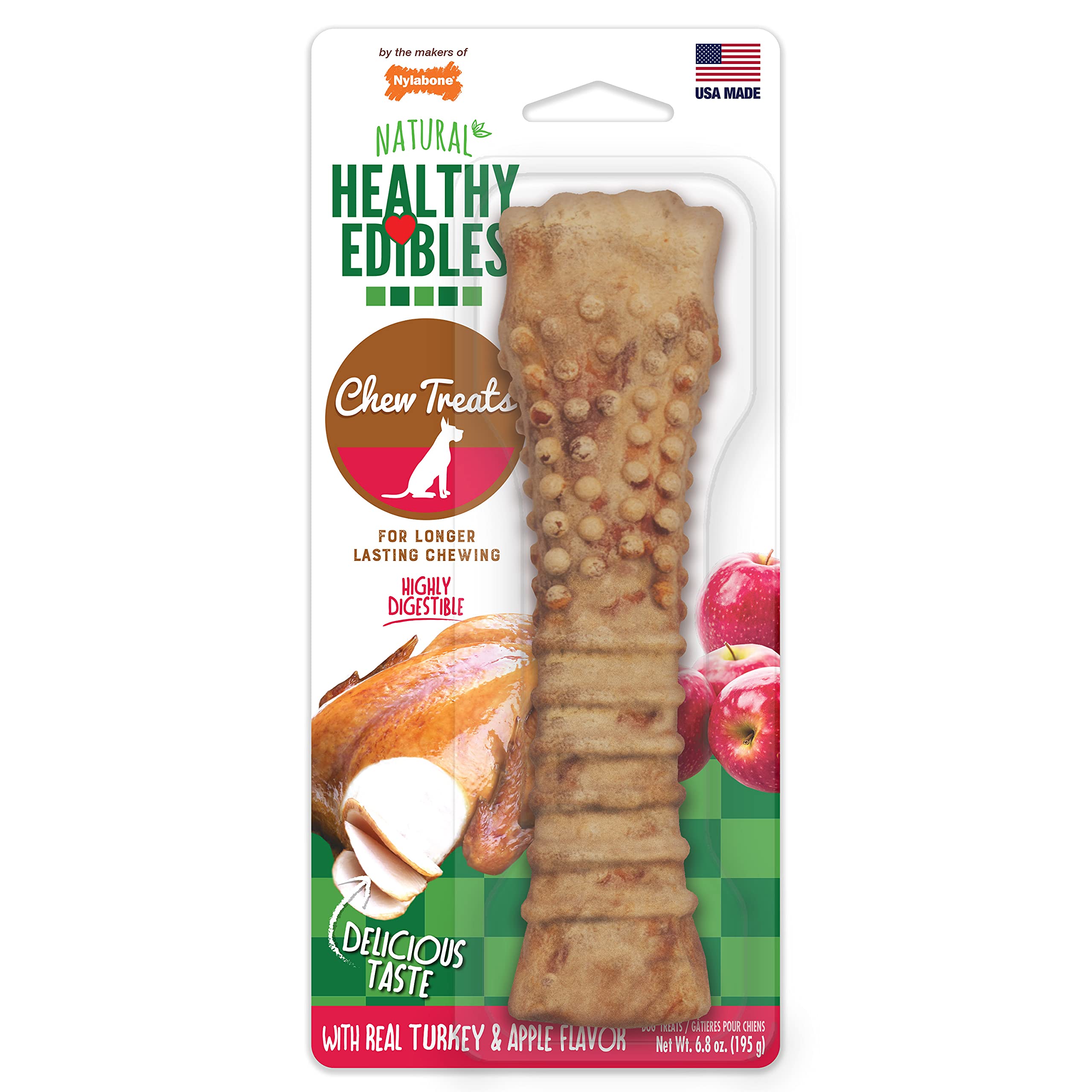 Nylabone Healthy Edibles Natural Dog Chews Long Lasting Turkey & Apple Treats for Dogs, X-Large/Souper (1 Count)