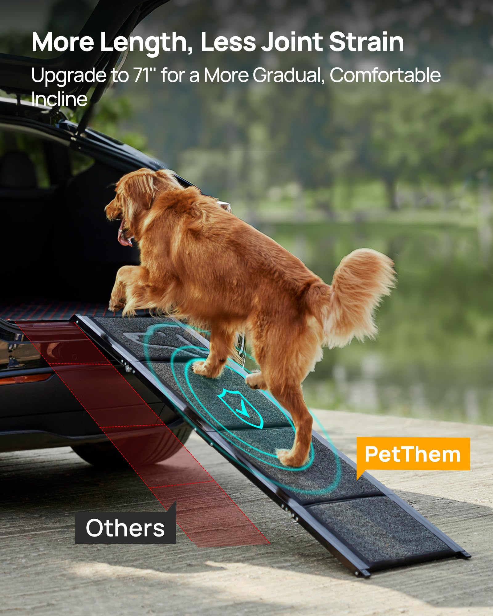 PetThem Upgraded Dog Ramp for Car 71'' X-Long & 19.7'' Wider Folding Pet Ramp Dog Ramps for Large Dogs with Non-Slip Rug Surface