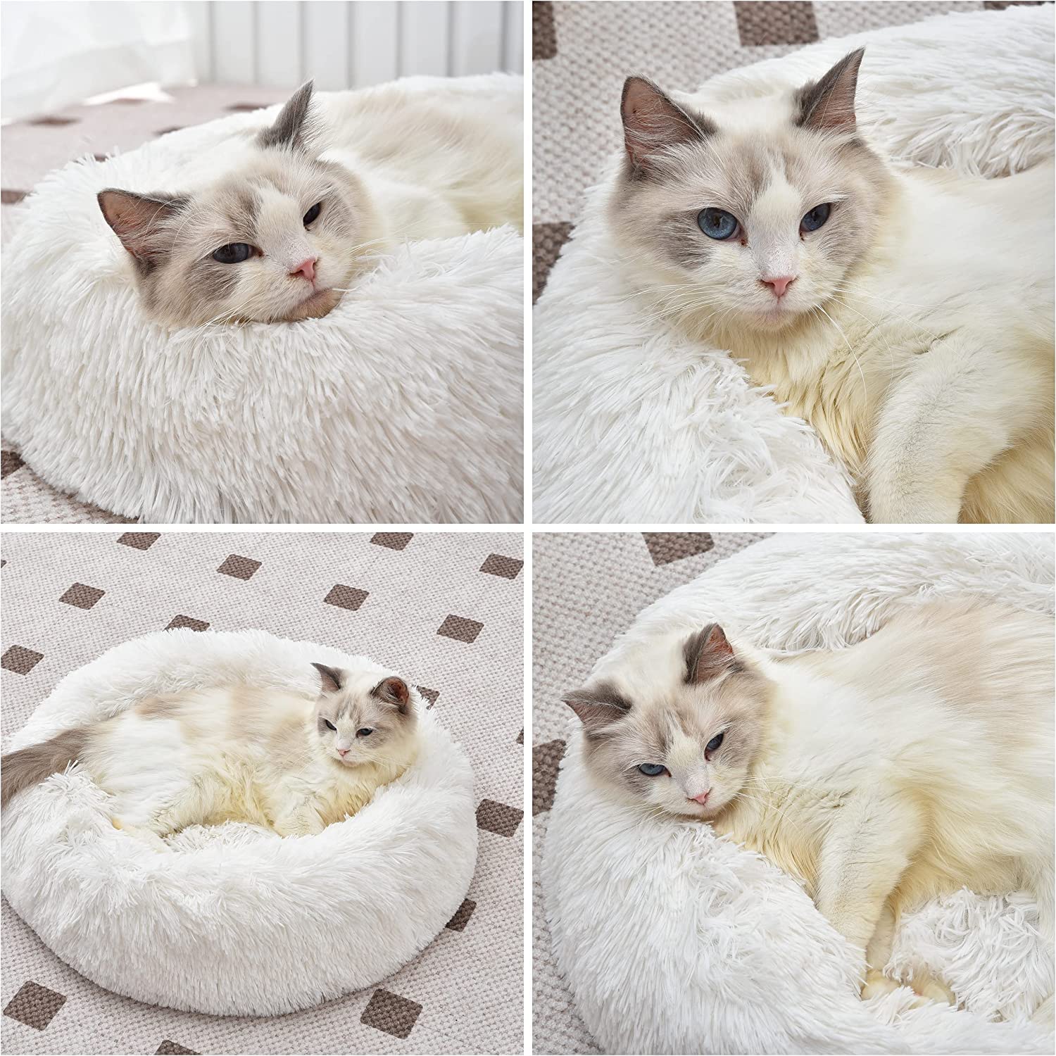 Creamy Faux Fur Cat & Dog Beds - Washable, Anti-Anxiety, Round Plush, 20/24 Inches, Thick Bottom