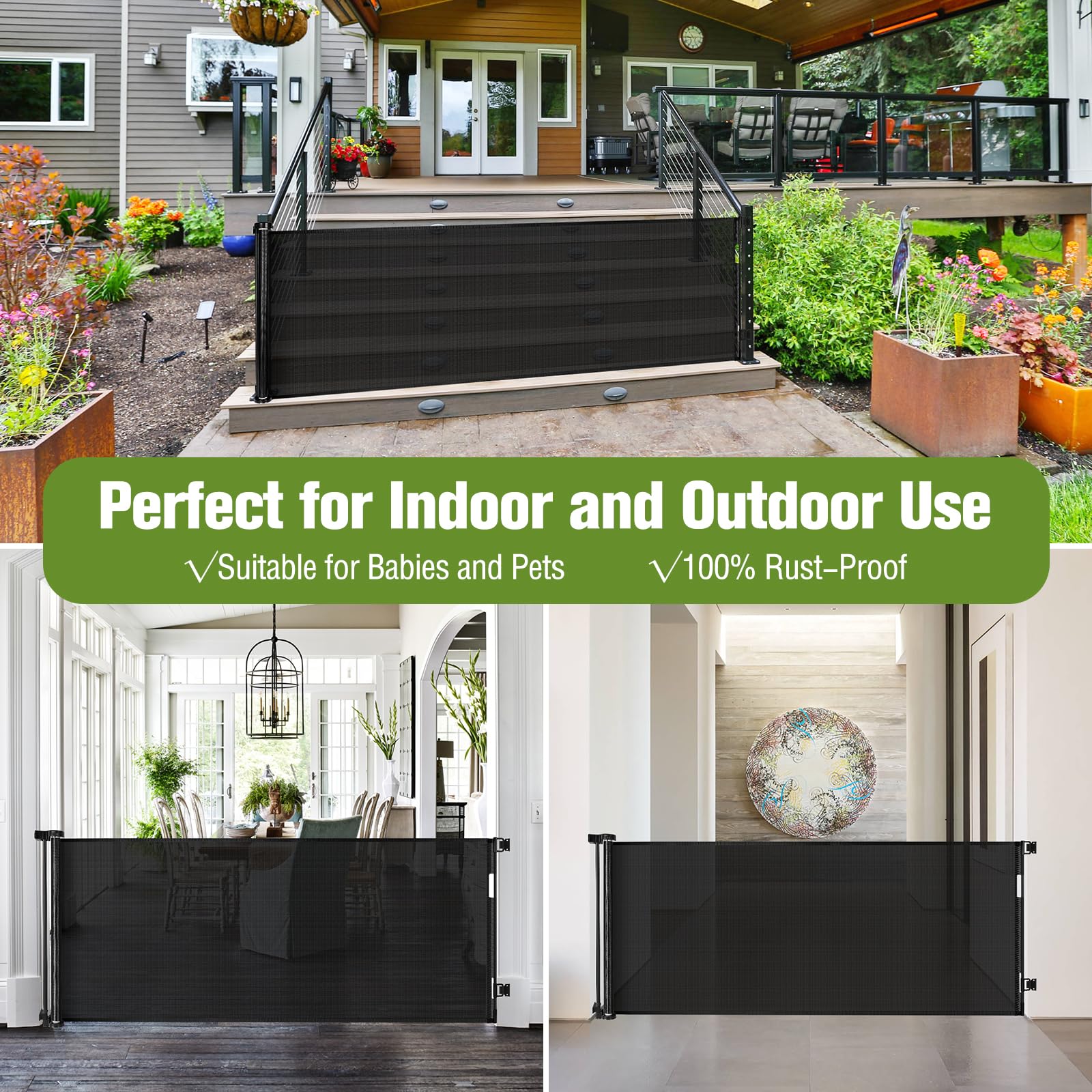 Baby Gate Extra Wide 65' Space Saving Retractable Mesh Gates For Kids Or Pets Movable Retractable Baby Gates Indoor Outdoor Retractable Gate Dog Gates For Doorways, Stairs, Black