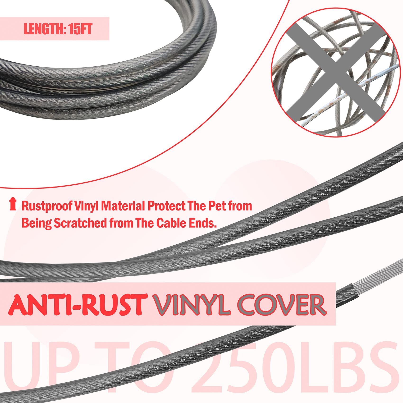 Petest Reflective Tie Out Cable with Crimp Cover for Super Dogs Up to 250 Pounds, 15 Feet