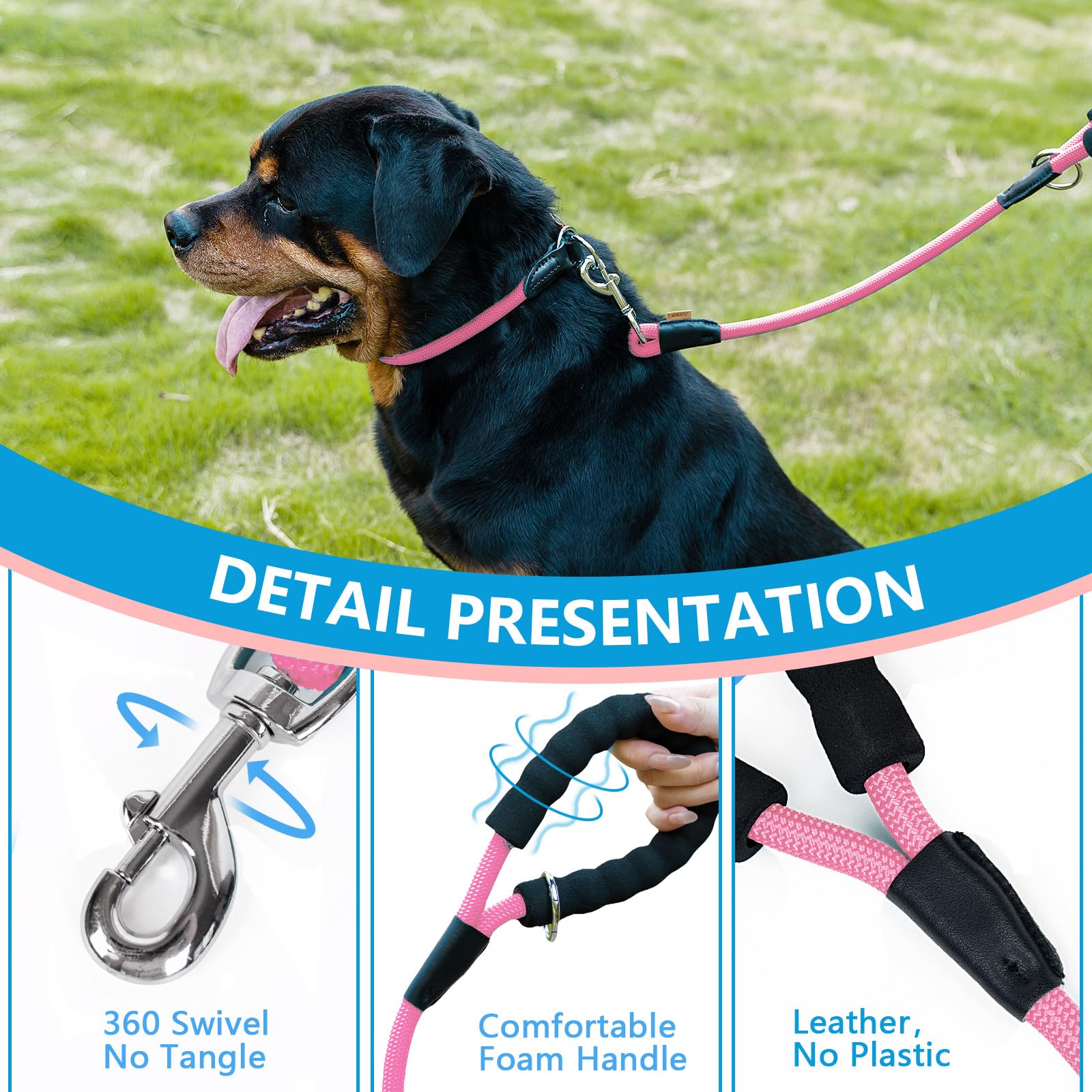 Aiminto Dog Leash, Braided Rope Traction - Walking Training Lead for Small Dogs ((1/3 '') x 6FT, Pink)
