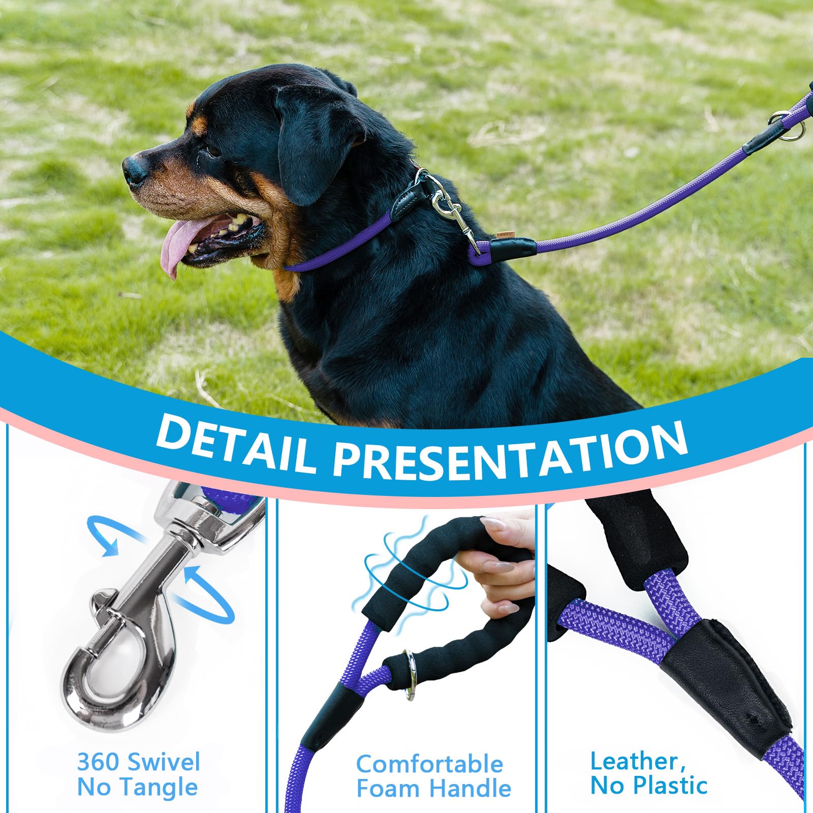 Aiminto Dog Leash, Braided Rope Traction - Walking Training Lead for Medium/Large Dogs ((1/2 '') x 6FT, Purple)