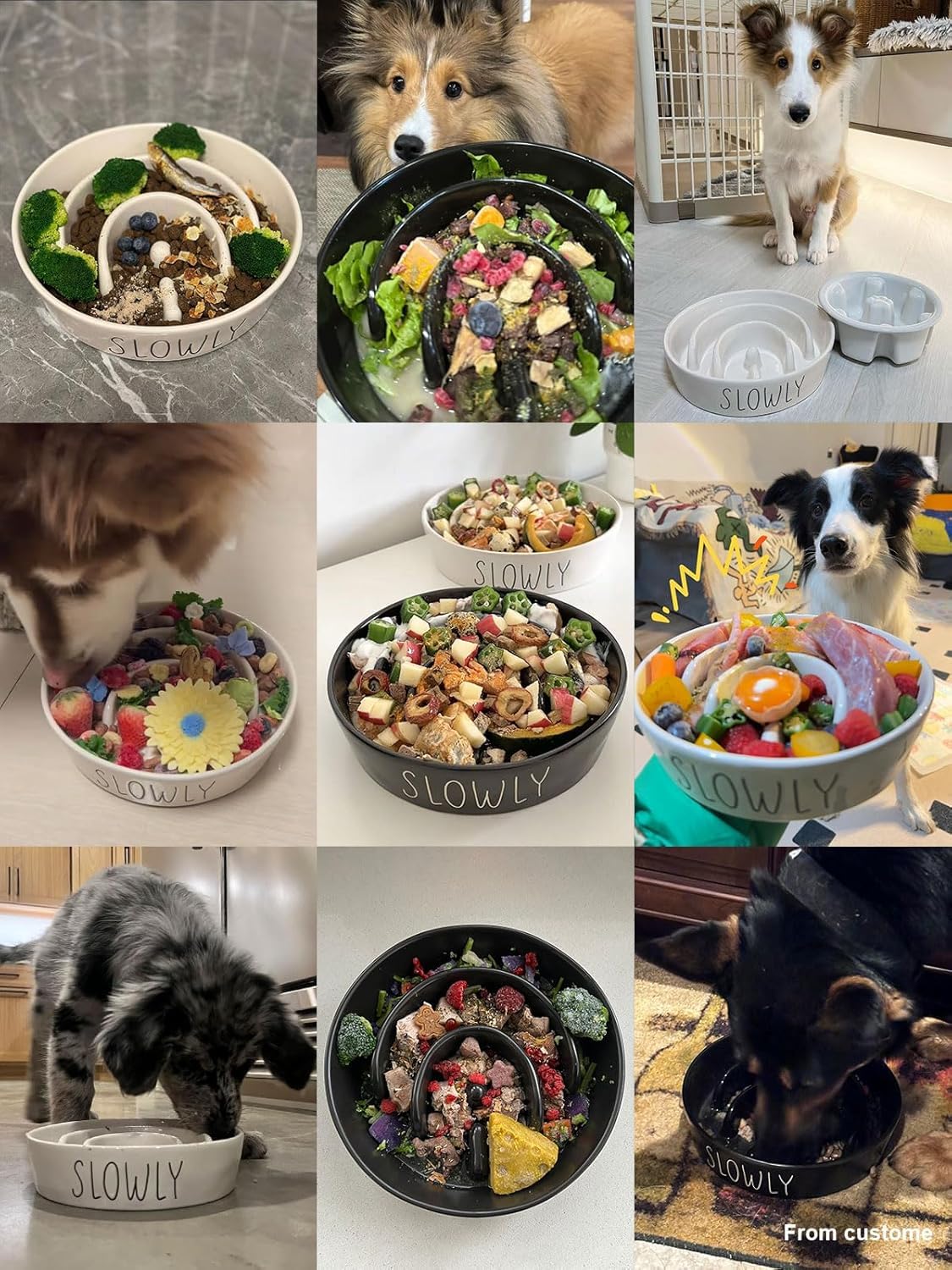 Ceramic Slow Feeder Dog Bowls Elevated, 3 Cups Raised Dog Bowl With Wooden Stand For Medium Large Breed, Dog Dishes To Slow Down