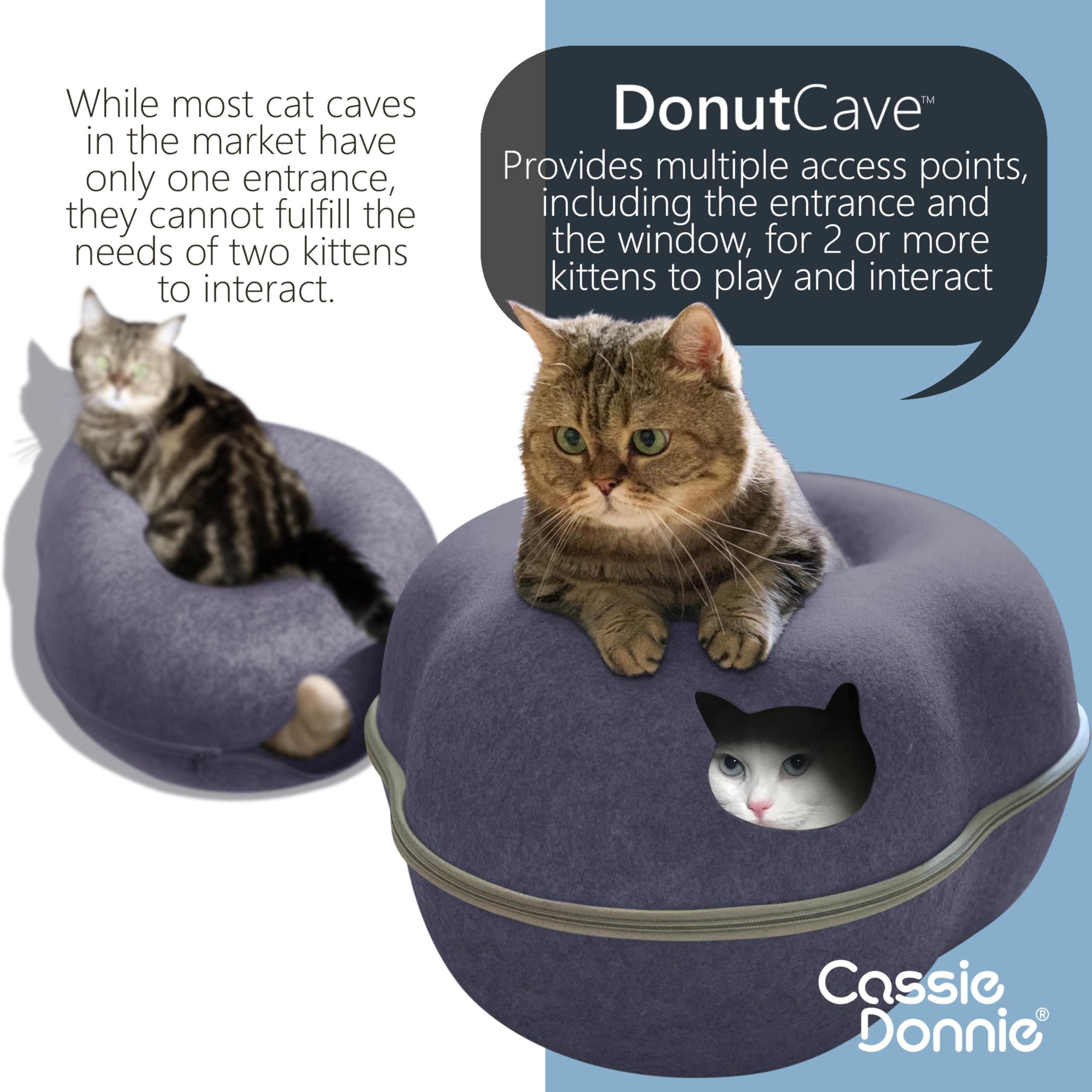 Cat Tunnel Bed For Indoor Cats, Medium Large, Donut Cave House Up To 22 Lbs, Spacious For 2 Kittens (Dark Blue)