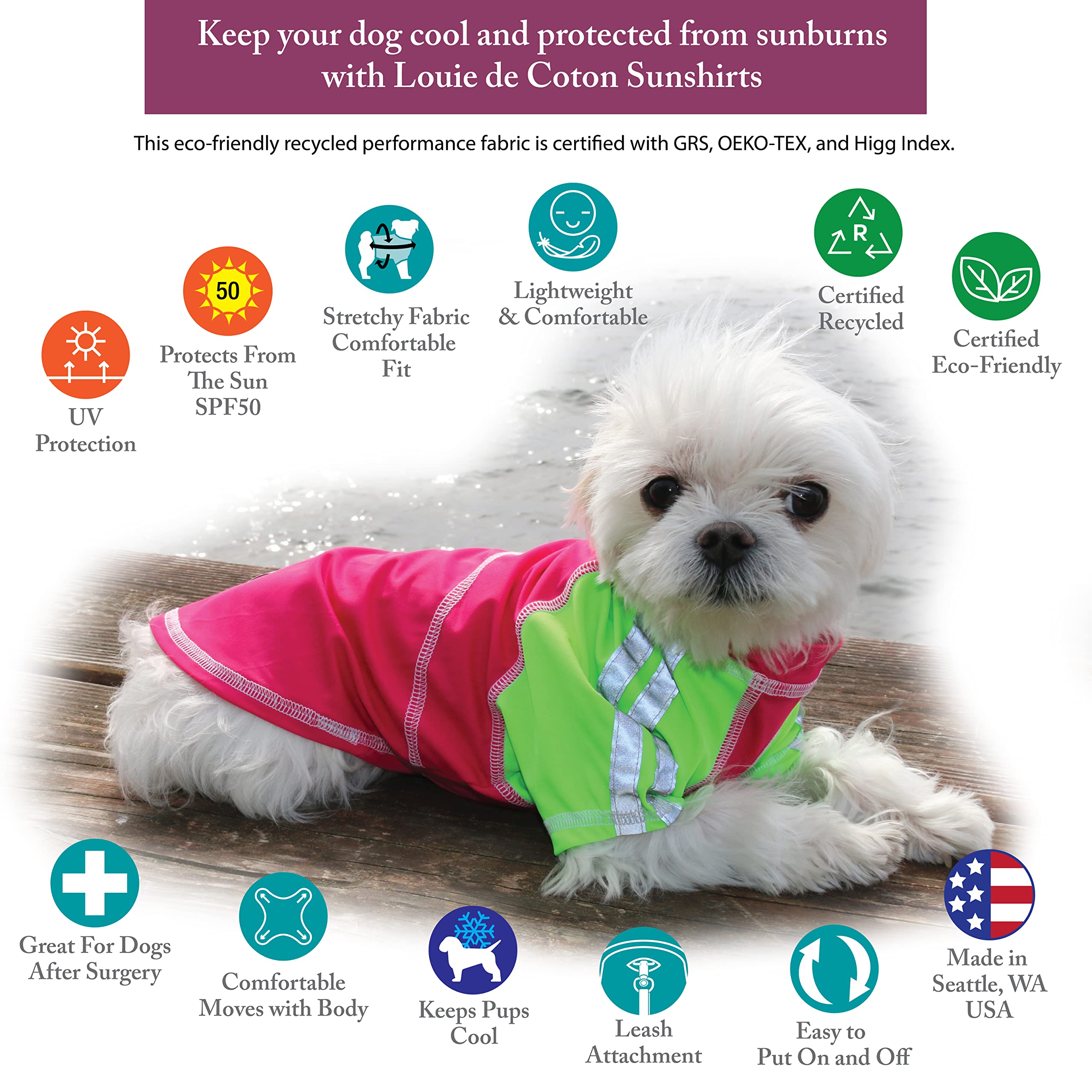 Louie de Coton Cooling Dog Sun Shirt with UPF50 + Sun Protection Tshirt for Dogs Size: XXL | UV Protection Cooling T-Shirt for D