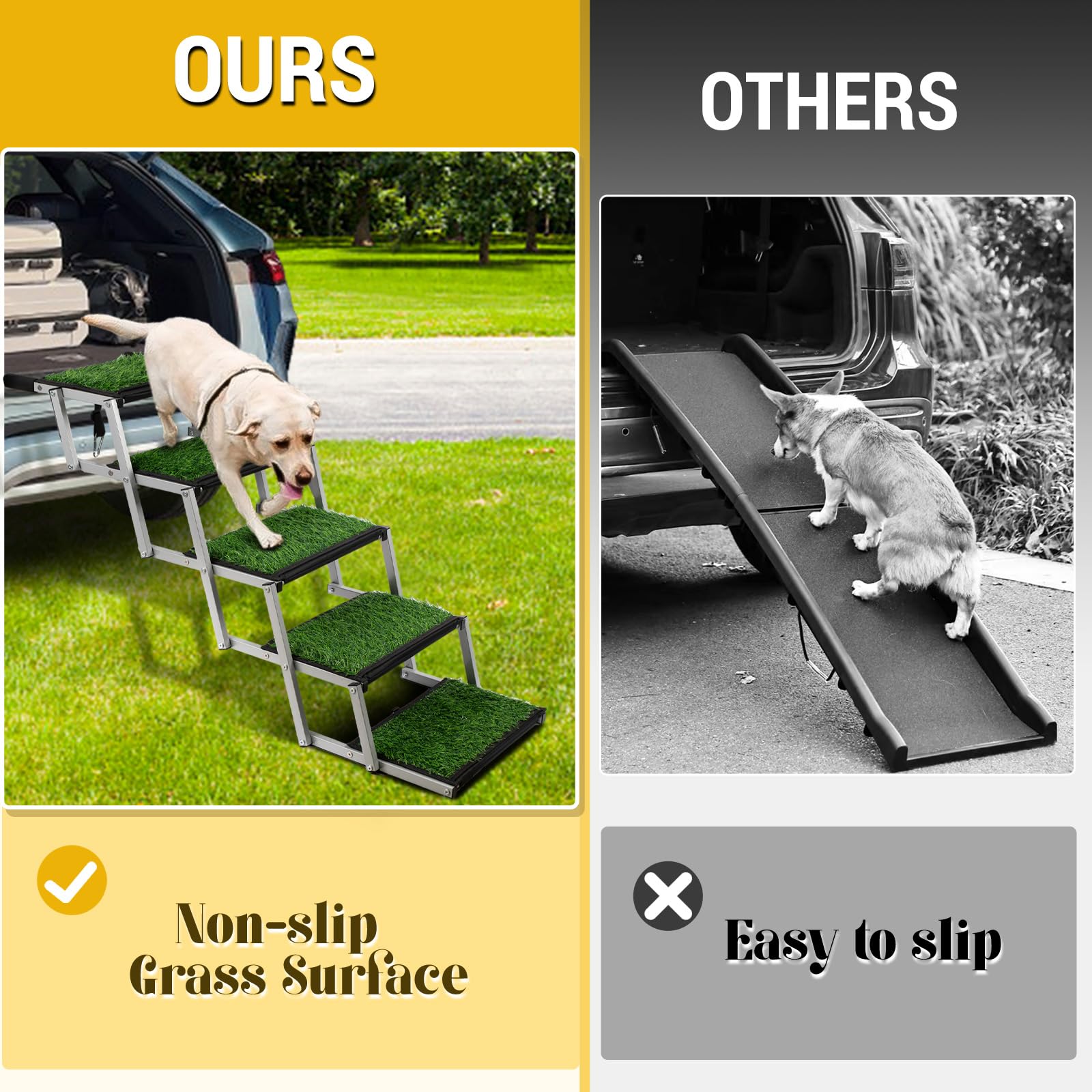 Dog Stairs For Car, Portable Folding Dog Ramps,Dog Steps For Large Dogs With Non-Slip Grass Rug For Cars, Suv, Trucks, Lightweig
