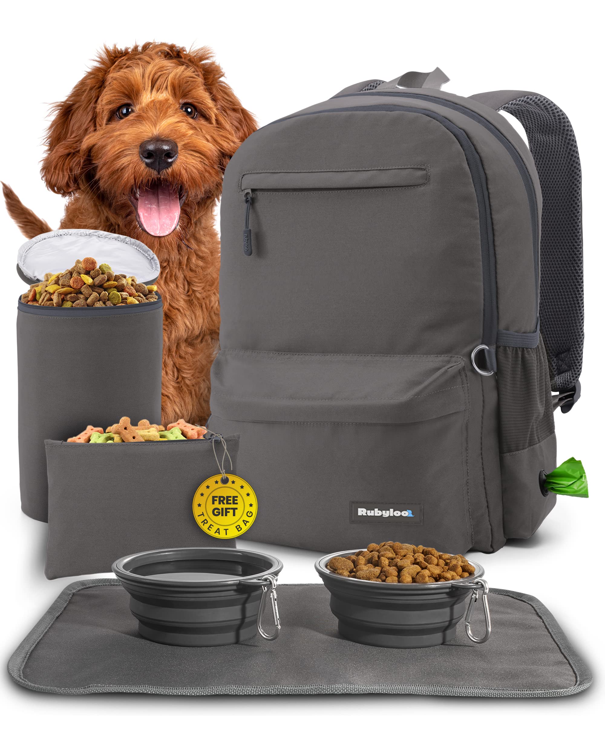 Rubyloo The Original Doggy Bag Backpack - Dog Travel Bag for Supplies with Laptop Sleeve, 2 BPA-Free Dog Bowls, Food Container, 