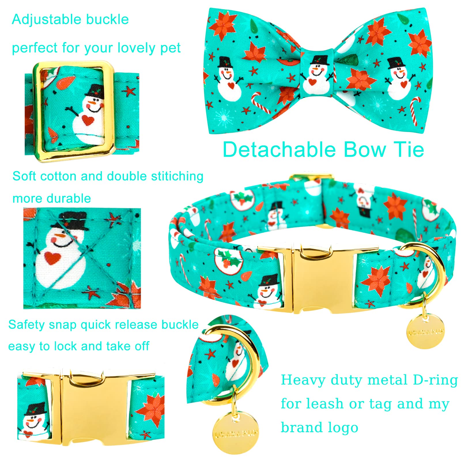 Up Urara Pup Dog Collar With Bow Tie, Christmas Comfortable Cotton Dog Bowtie Collar, Snowman Collar For Medium Girl Boy Dog, Durable Metal Buckle Green Dog Collar Bowtie, M, Neck 13.5-22In, Winter