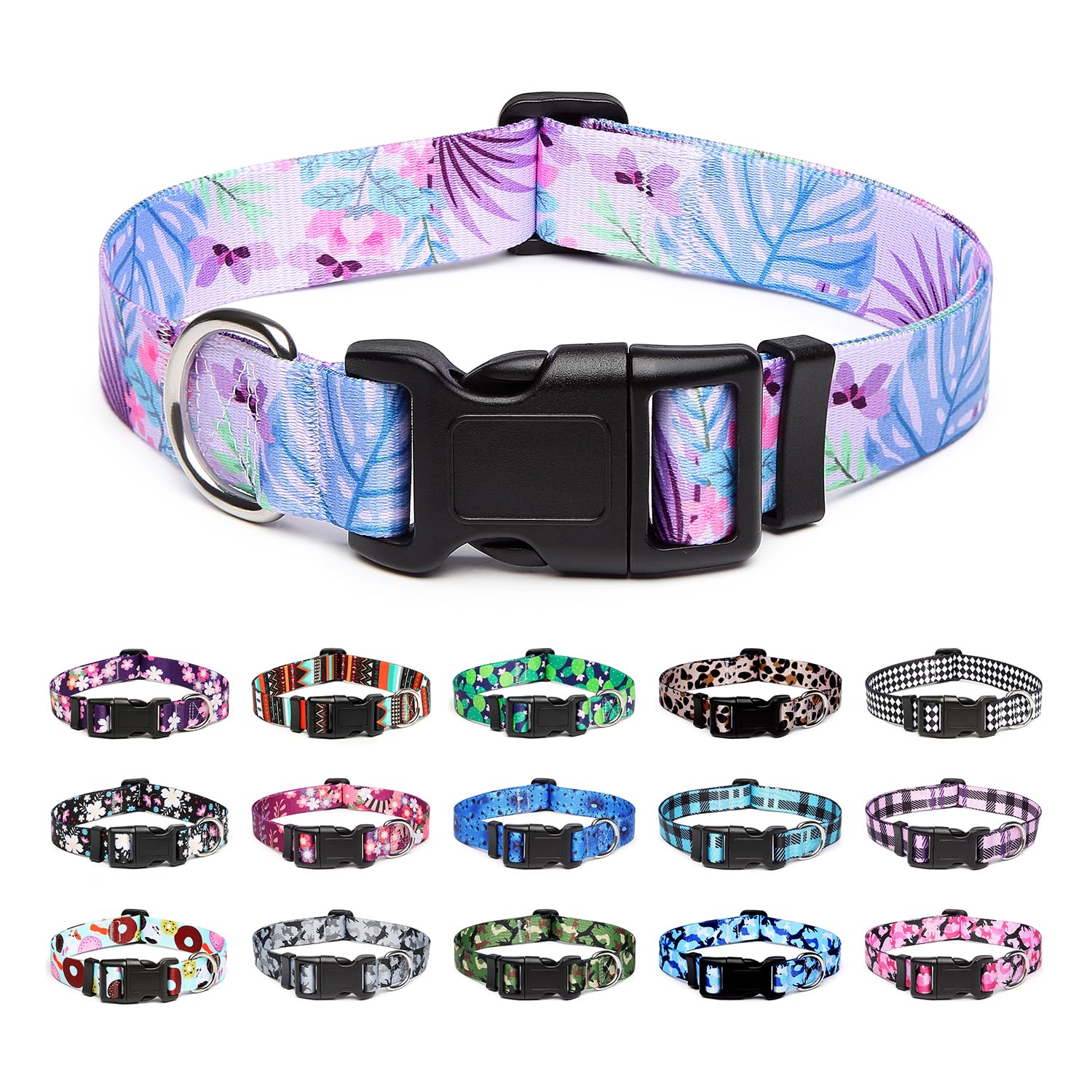 Mercano Adjustable Dog Collar - Special Design Patterns, Soft Nylon Comfortable Durable Pet Collar For Small Medium Large Dogs (L, Floral Purple)