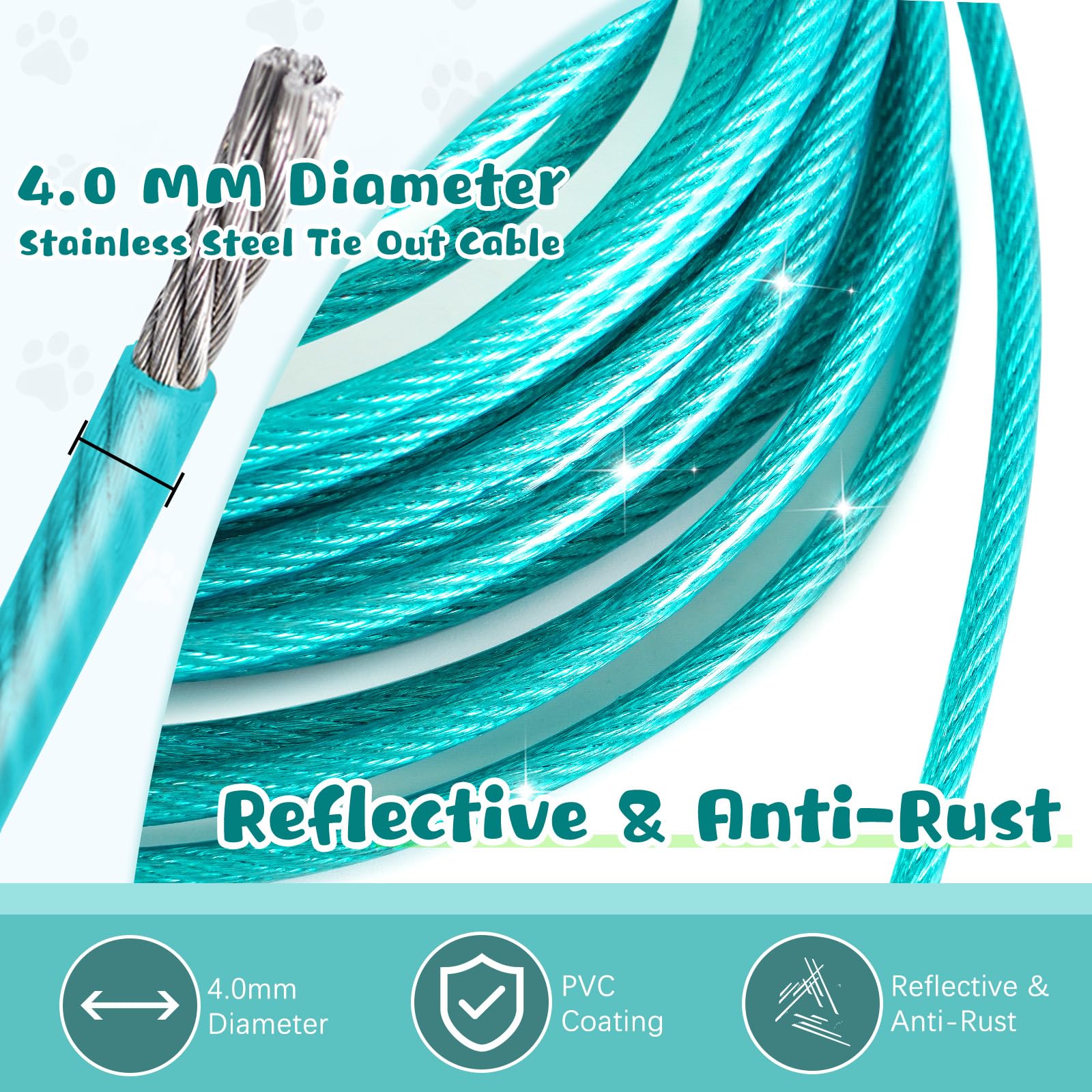 Tie Out Cable For Dogs, 50Ft Dog Leads For Yard Chew Proof, Heavy Duty Dog Tie Out Cable For Large Dogs Up To 125Lbs, Durable Do