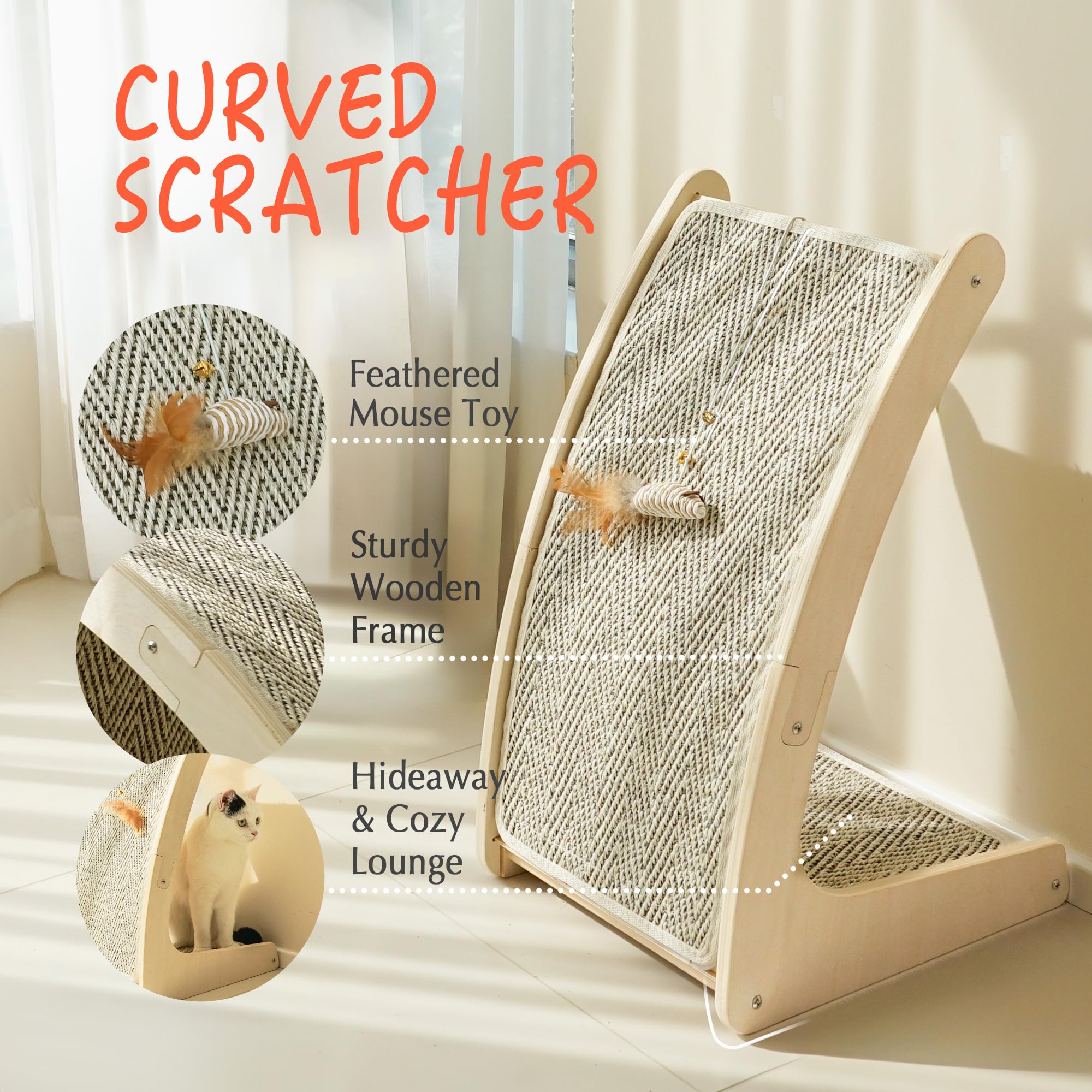 Petkaray Cat Scratcher, Sisal Cat Scratch Pad, Curved Scratching Board For Indoor Kitty, Floor Mounted Scratcher With Mouse Toy