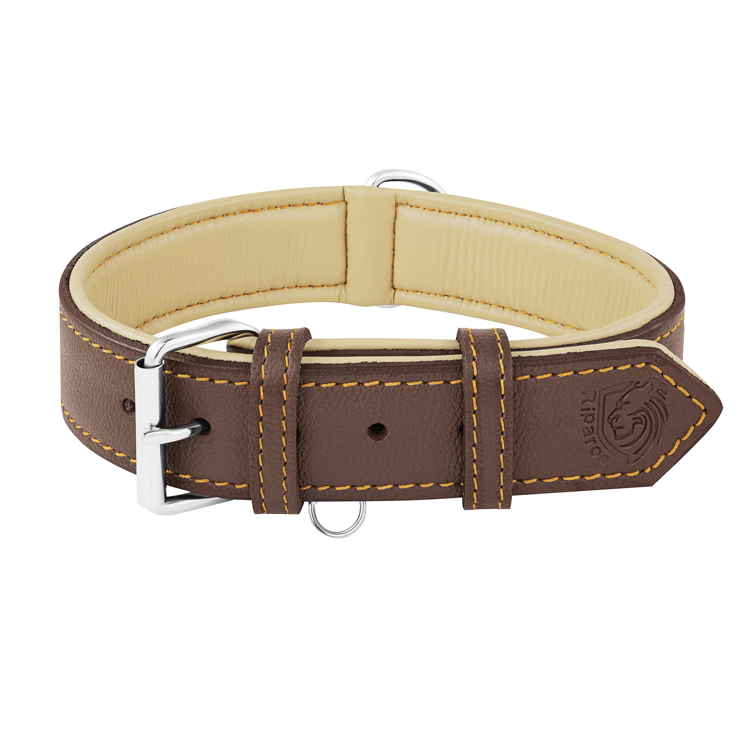 Riparo Genuine Leather Padded Dog Heavy Duty K-9 Adjustable Collar (Xl, Brown)