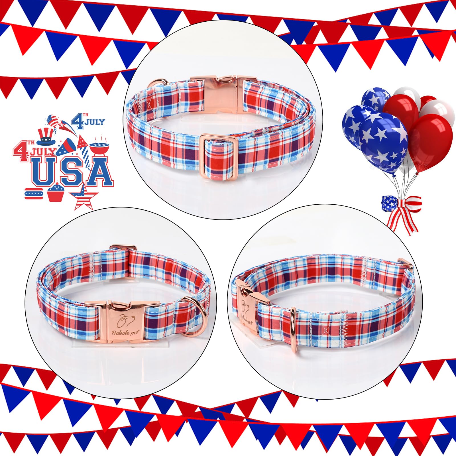 Babole Pet Adjustable Plaid Boy Dog Collar - Classic Boy Dog Plaid Collars For Large Dogs, Durable Red White Blue Heavy Duty Met