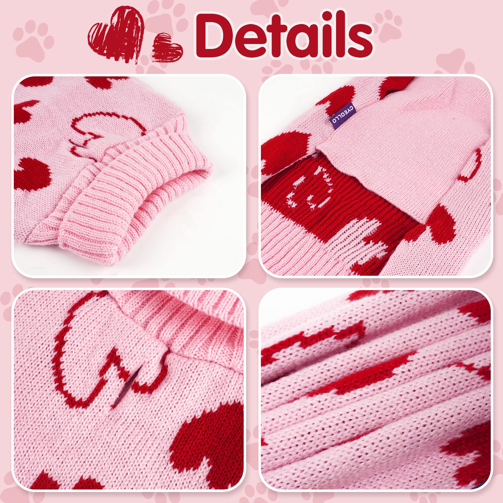 Cyeollo Dog Sweaters For Small Dogs Mothers Day Dog Clothes Heart Pattern Turtleneck With Leash Hole Holiday Outfit Pet Apparel Pullover Sweaters For Dogs Pink