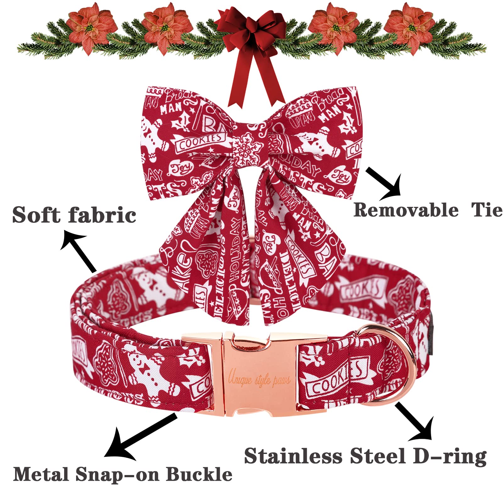 Unique Style Paws Christmas Dog Collar With Bow Tie Gingerbread & Snowman Winter Puppy Collar For Small Medium Large Dogs-Xl