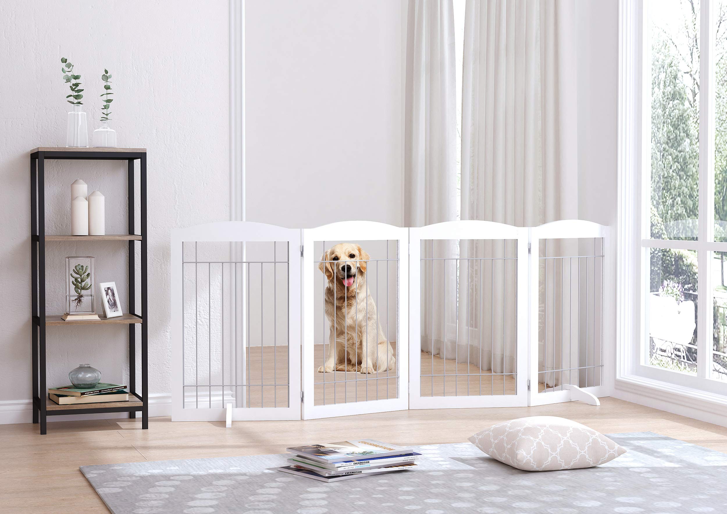 Spirich Extra Wide And Tall Dog Gate For The House, Doorway, Stairs, Freestanding Foldable Wire Pet Gate For Dogs, 80-Inch Wide,30 Inches Tall, White (4 Pannels)