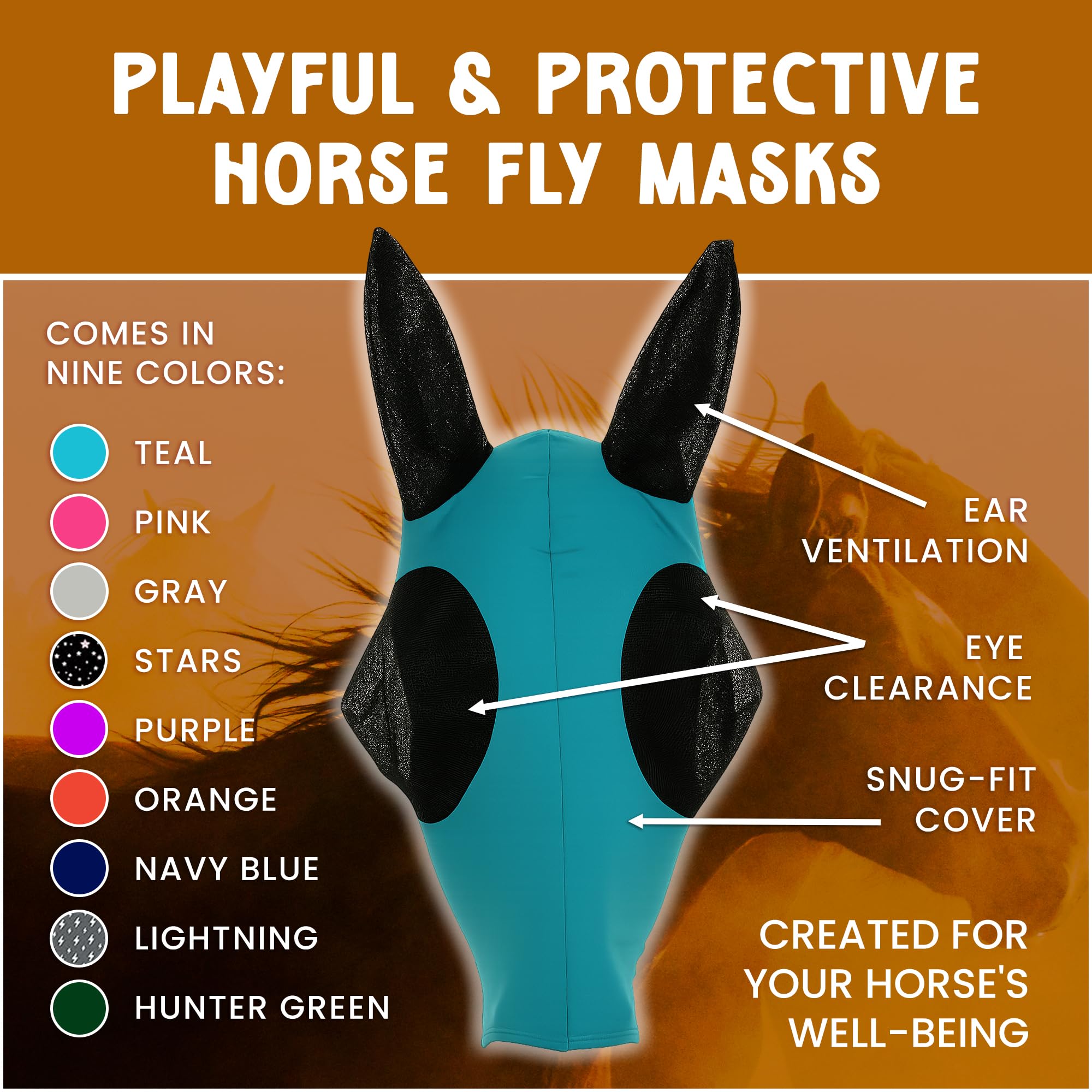 Horse Fly Mask with Ears Comfort Fit Mesh Trail Pasture Sun UV Protection (Horse, Navy Blue)