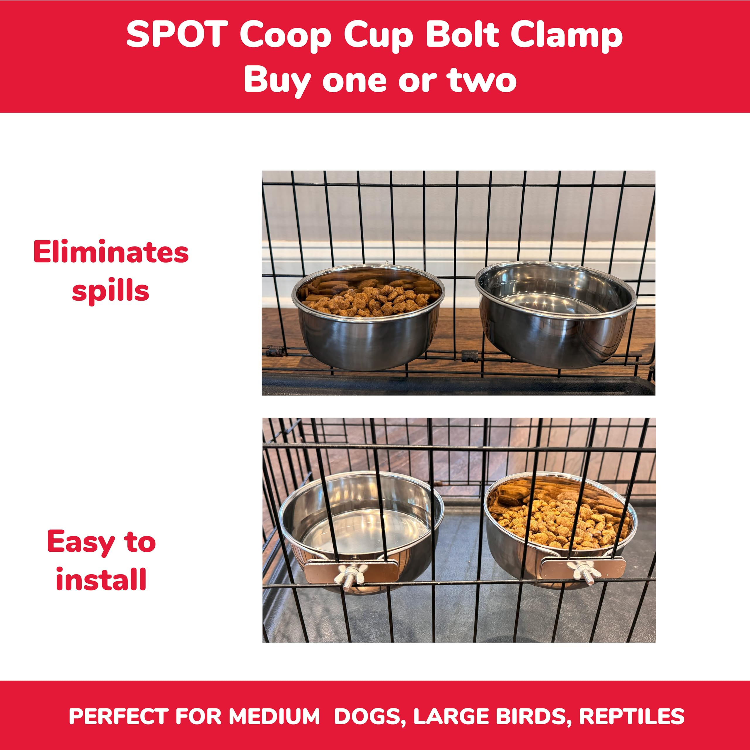 SPOT Coop Cup Bolt Clamp - Stainless Steel Hanging Bowl for Crate, Secure Pet Feeding Dish, Easy Installation, Chew-Proof Design