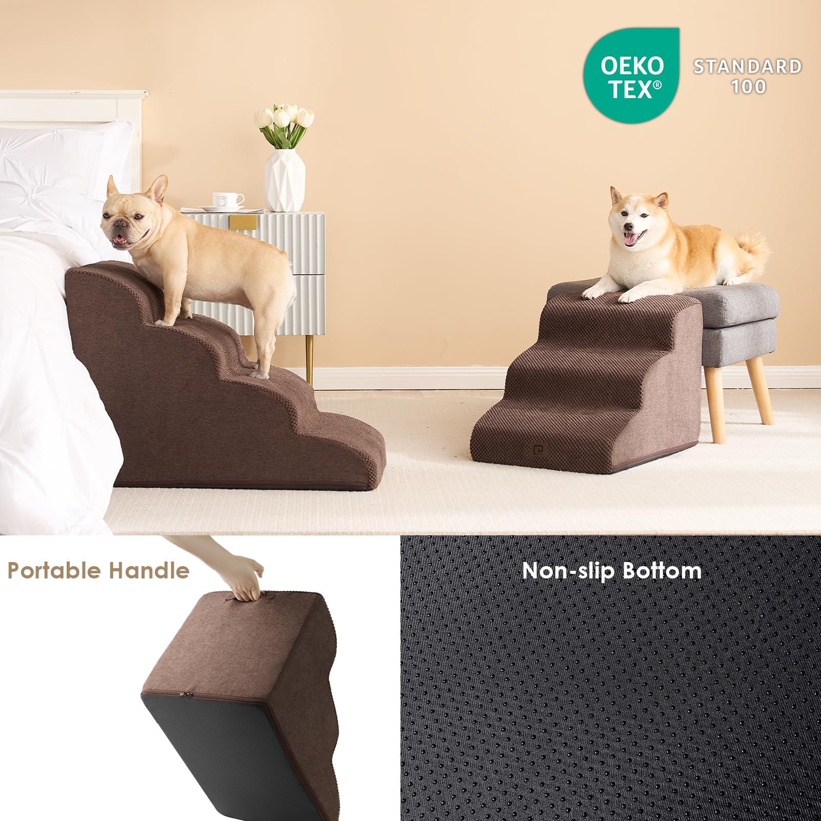 Eheyciga Curved Dog Stairs Ramp For High Beds 19.7' H, 4-Step Dog Steps For Small Dogs And Cats, Pet Stairs For High Bed Climbing, Non-Slip Balanced Pet Step Indoor, Brown