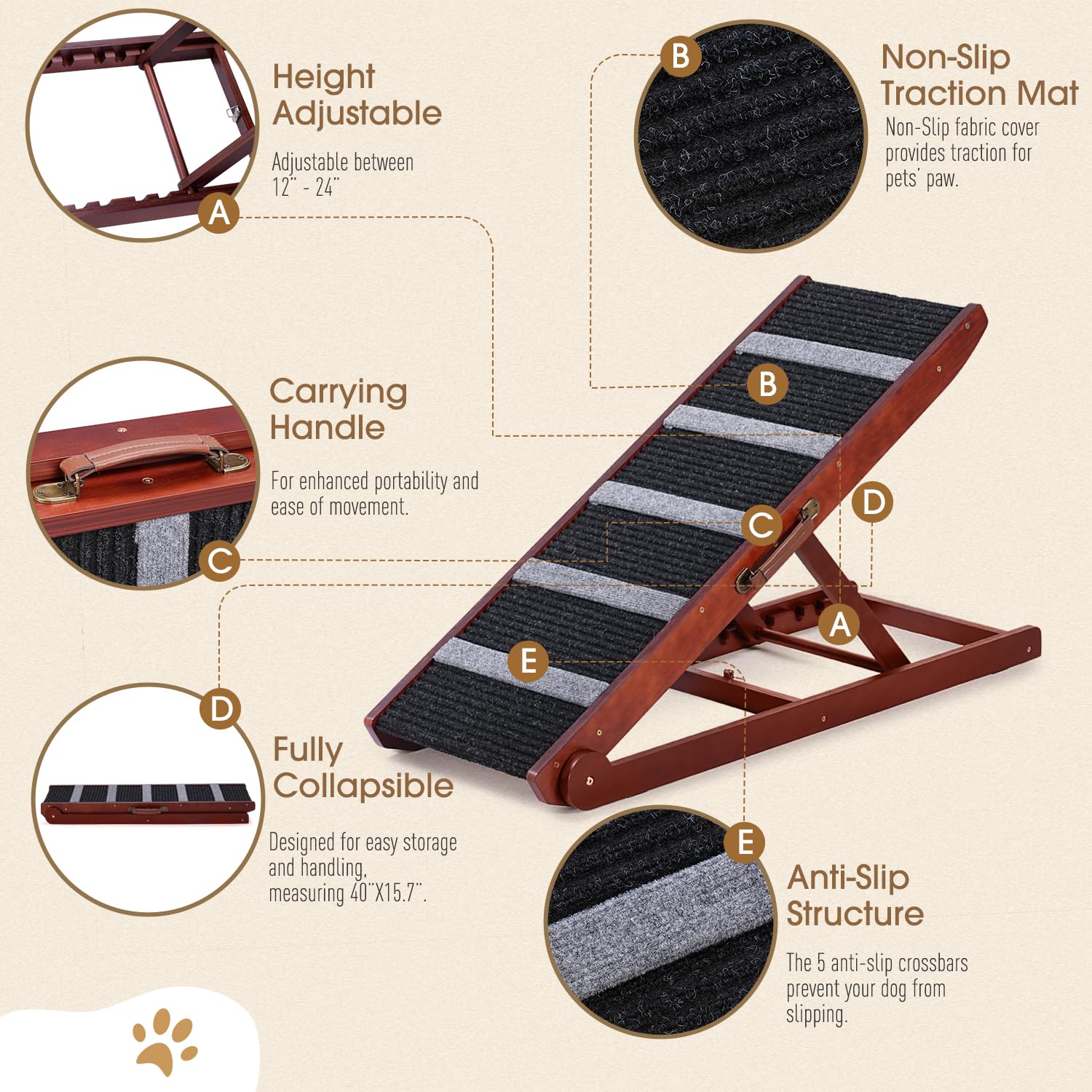 Sweetbin Wooden Adjustable Pet Ramp For All Dogs And Cats - Non Slip Carpet Surface And Foot Pads - 40'' Long And Adjustable Fro