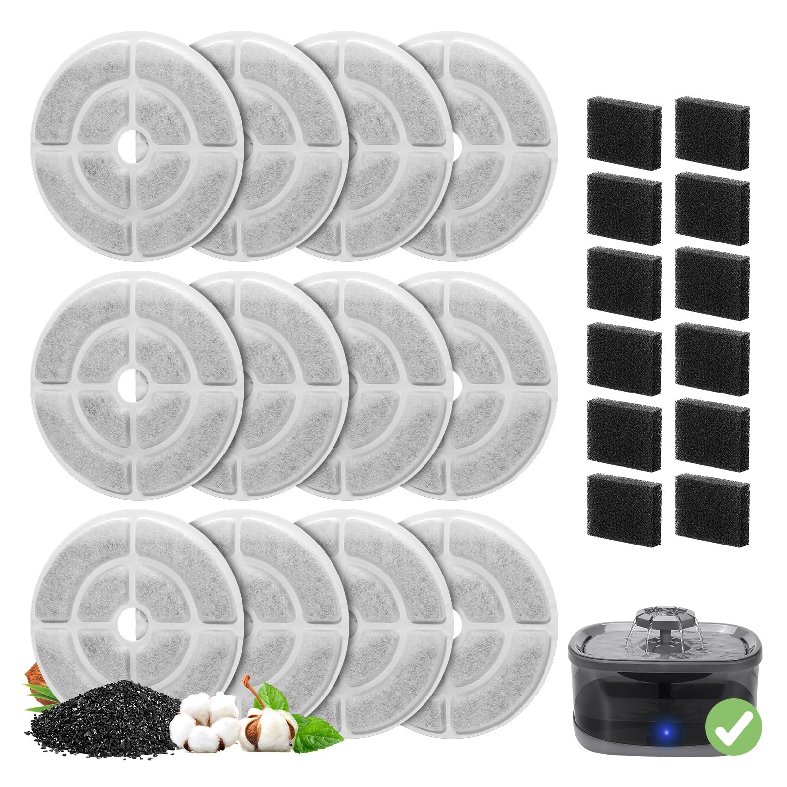 12 Pack Replacement Filters for 2.5Gal/9.5L Dog Fountain, GISOFIK 18CM Larger Cat Water Fountain Filters, Coconut Activated Dog 