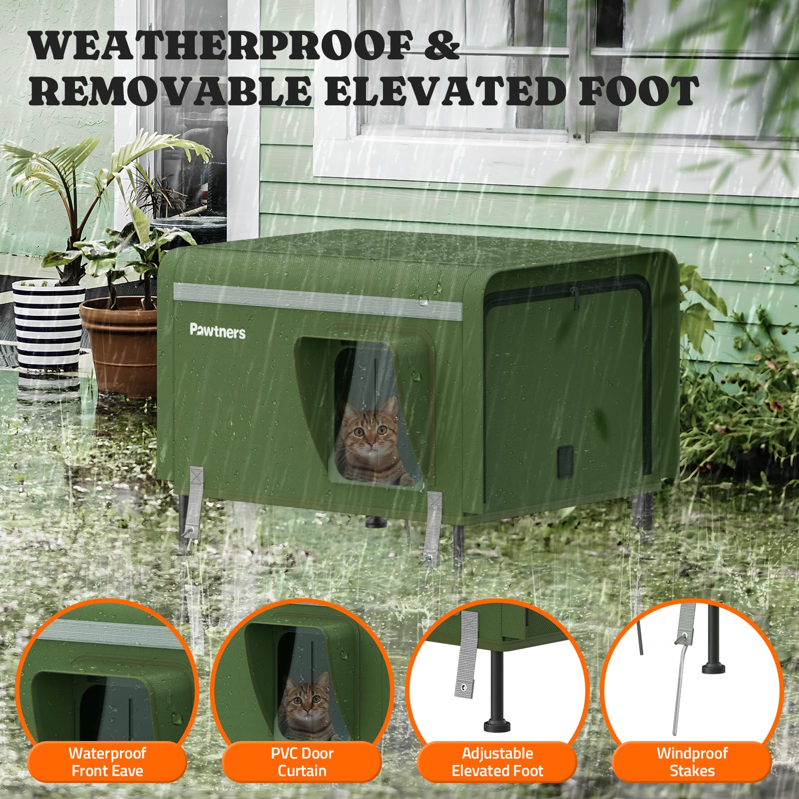 Pawtners Heated Cat House For Outside, Outdoor Insulated Kitty Shelter With Heated Pad And Escape Door, Warm Cozy Pet House Cove