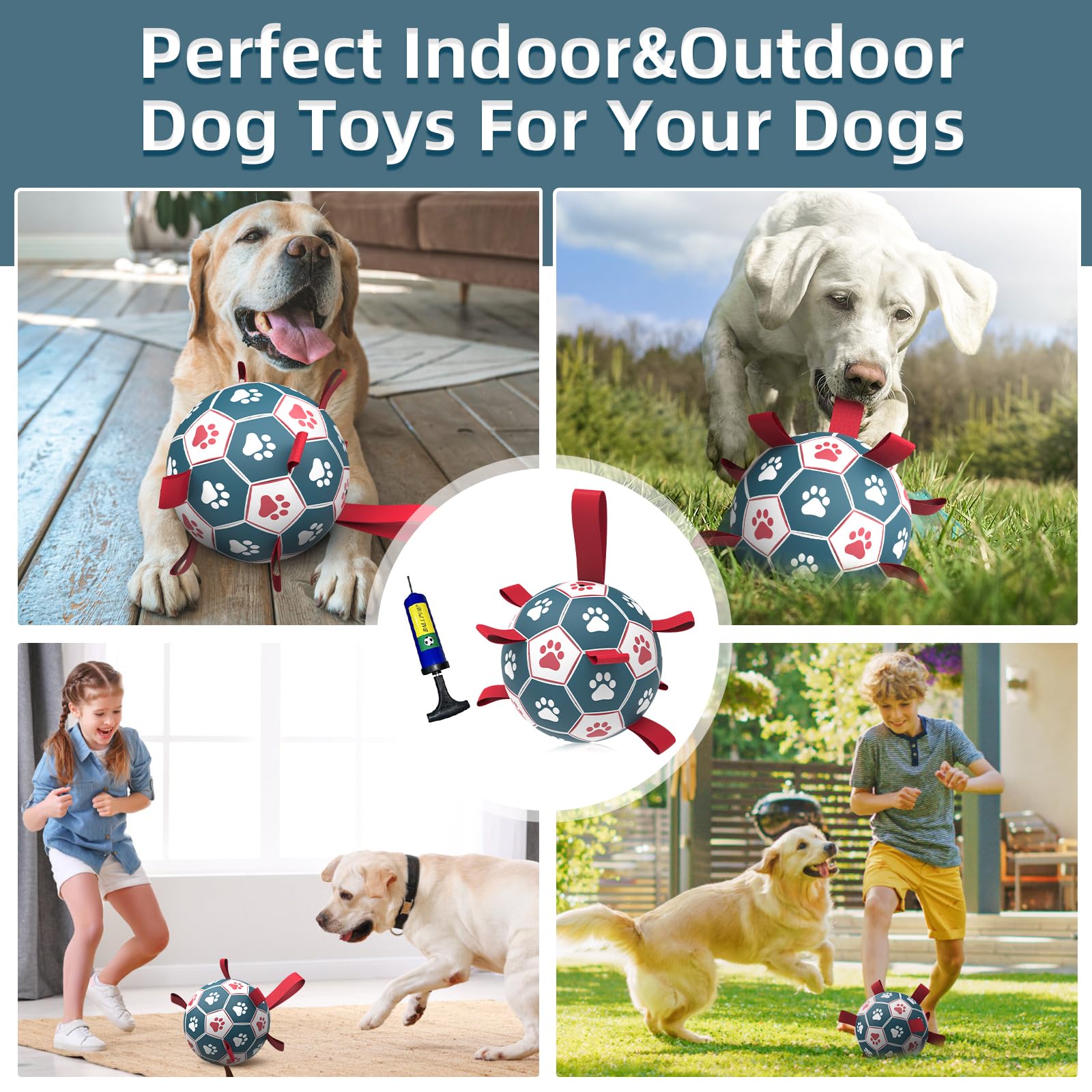 Qdan Dog Toys Extra Large Soccer Ball With Straps, Interactive Toys For Tug Of War, Puppy Birthday Toy, Dog Water Toy, Dog Balls For Large Dog -Blue&Red (9 Inch)