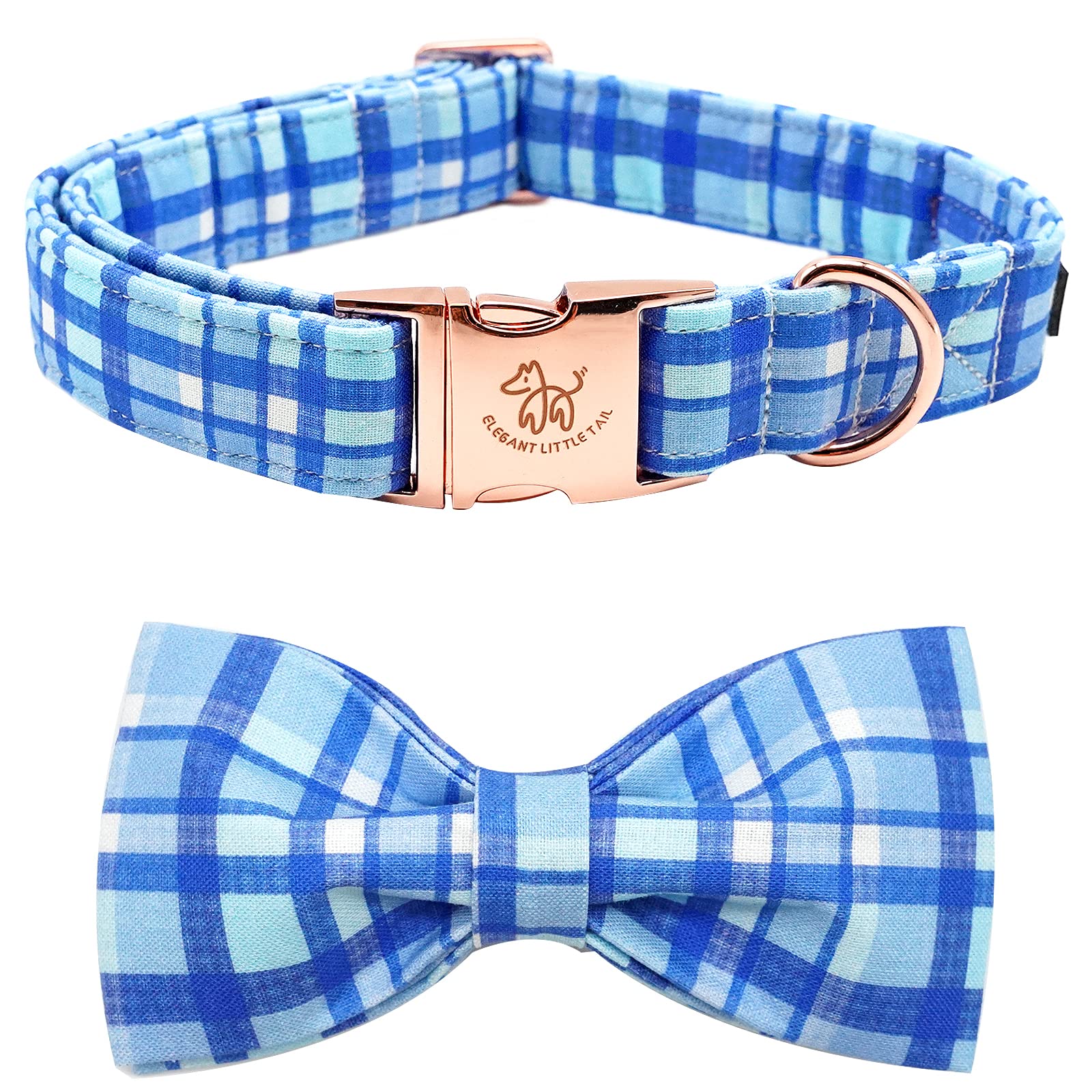 Elegant little tail Dog Collar with Bow - Blue Plaid Boy Dog Collar Cute Bowtie Pet Collar Adjustable Dog Collar for Medium Dog