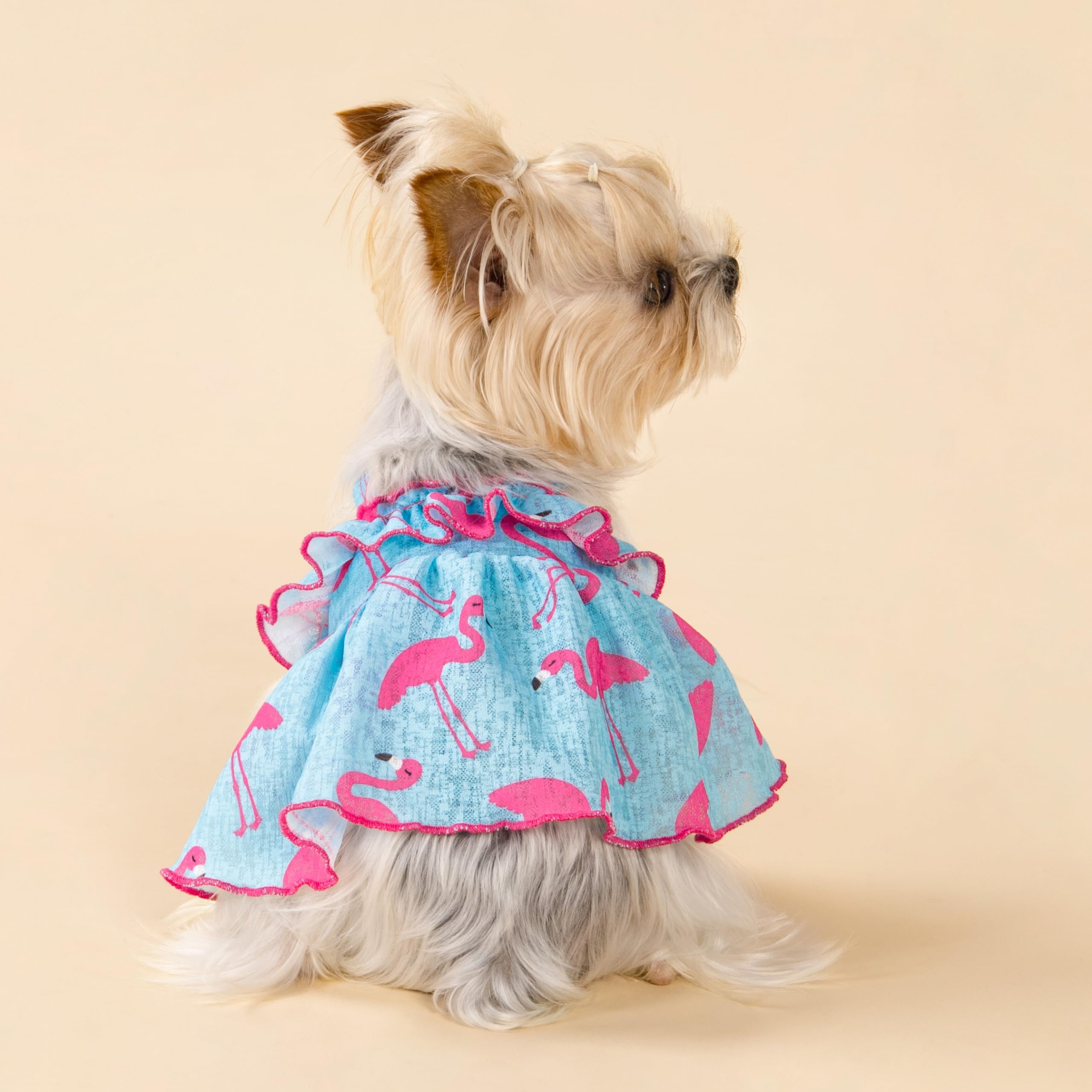 Fitwarm Flamingo Dog Dress - Summer Ruffled Sundress, Small, Polyester/Spandex, Blue/Pink
