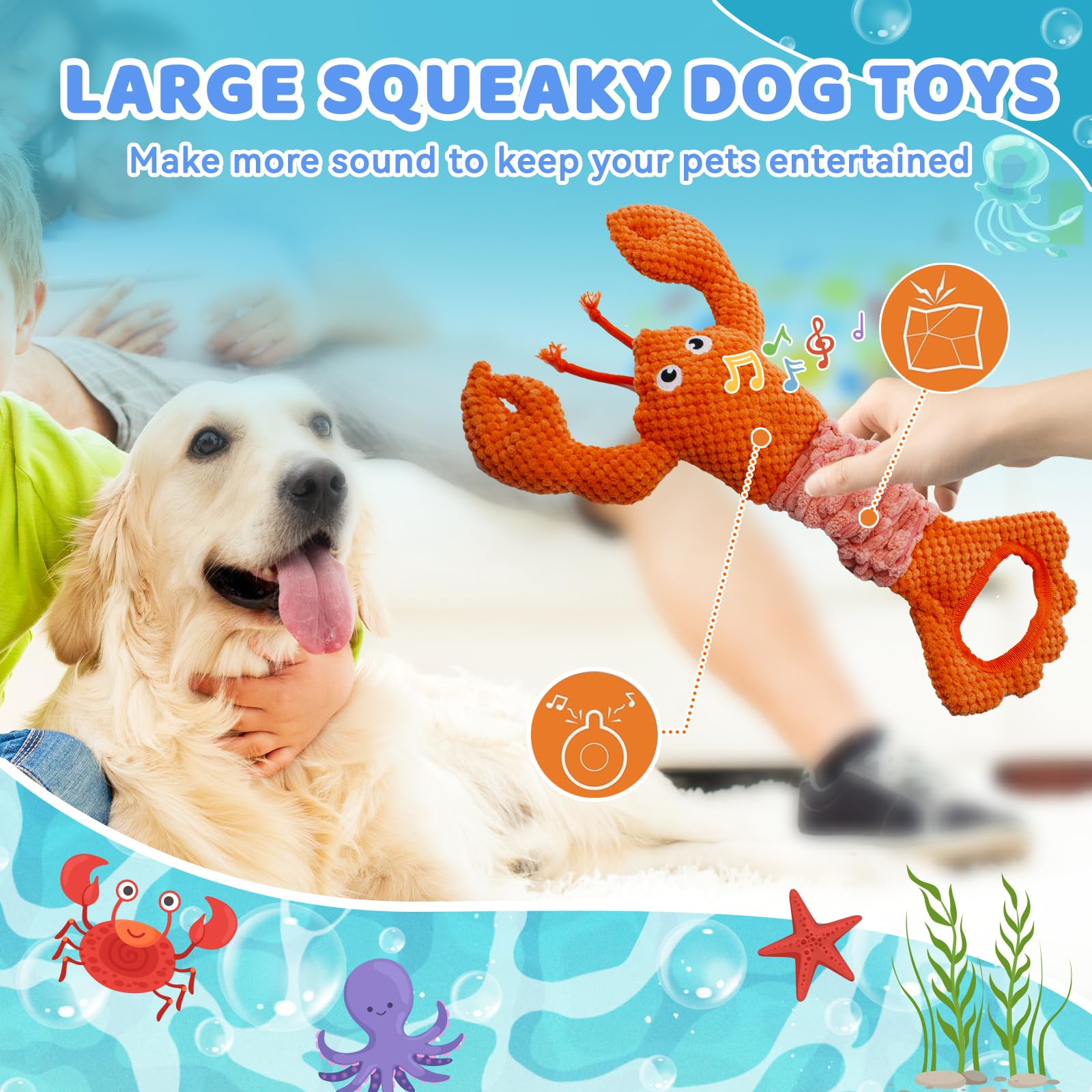 Yzhduxiu Tug Of War Dog Toy, Squeaky Dog Toys For Aggressive Chewers, Interactive Lobster Puppy Toys With Crinkle Paper To Keep