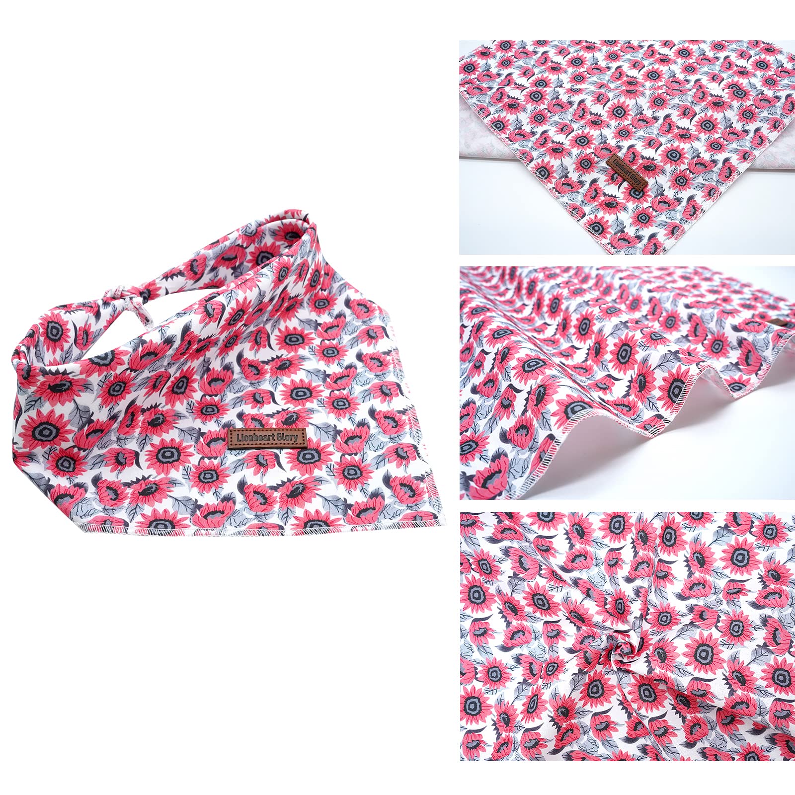 Lionheart Glory Pink Flower Bandana 1 Pack - Washable Soft Scarf, Square Adjustable For Small Dogs And Cats