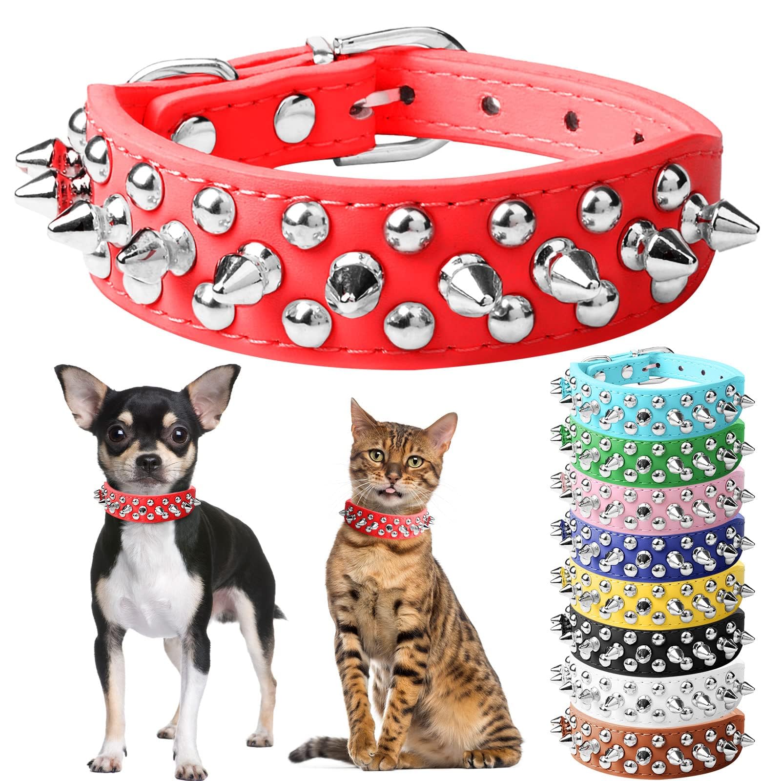 Doggyzstyle Small Spiked Red Dog Cat Collar For Small Medium Dogs Boy Male Female - Adjustable Studded Puppy Collars - Soft Padd