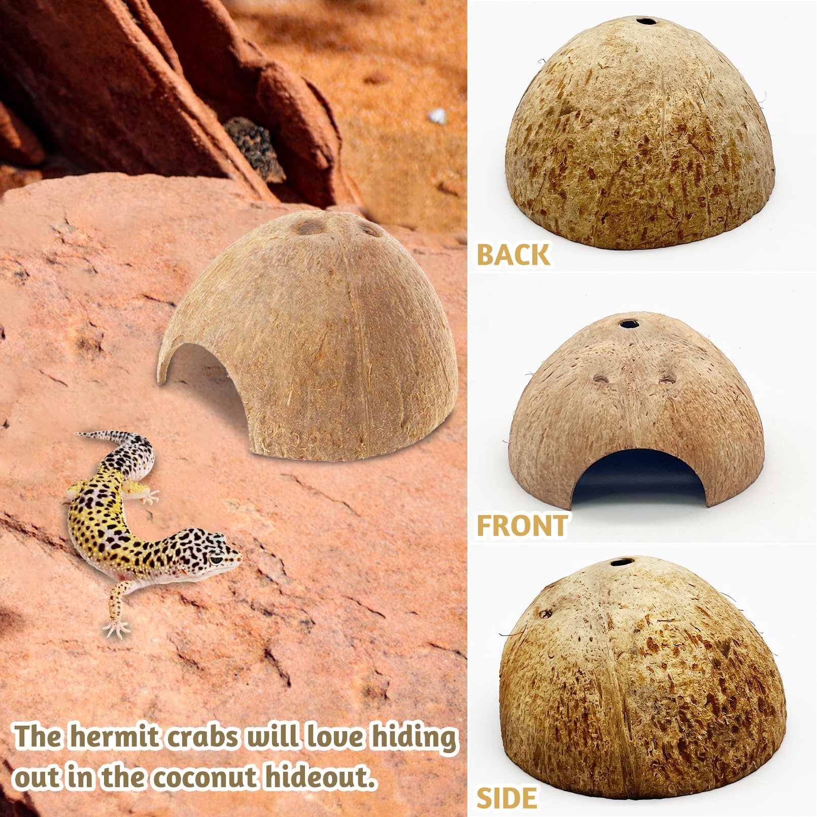 Pinvnby 2 Pcs Natural Coconut Reptile Hideouts Lizard Coco Hut Hermit Crab Hut Aquarium Fish Hide Cave Spider Snail Climber Toys