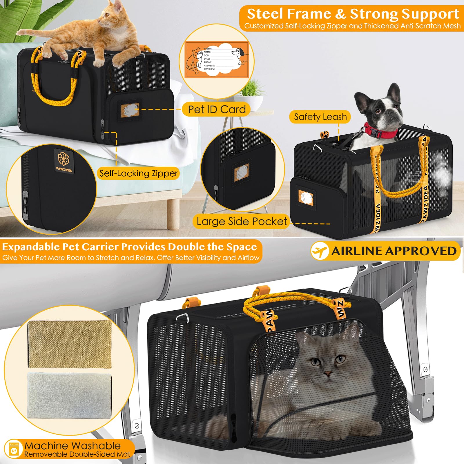 Pawzidea Double Pet Stroller With 2 Detachable Carriers, Tsa Approved Expandable Cat Carrier Bag, Seatbelt Pet Travel Car Seat,