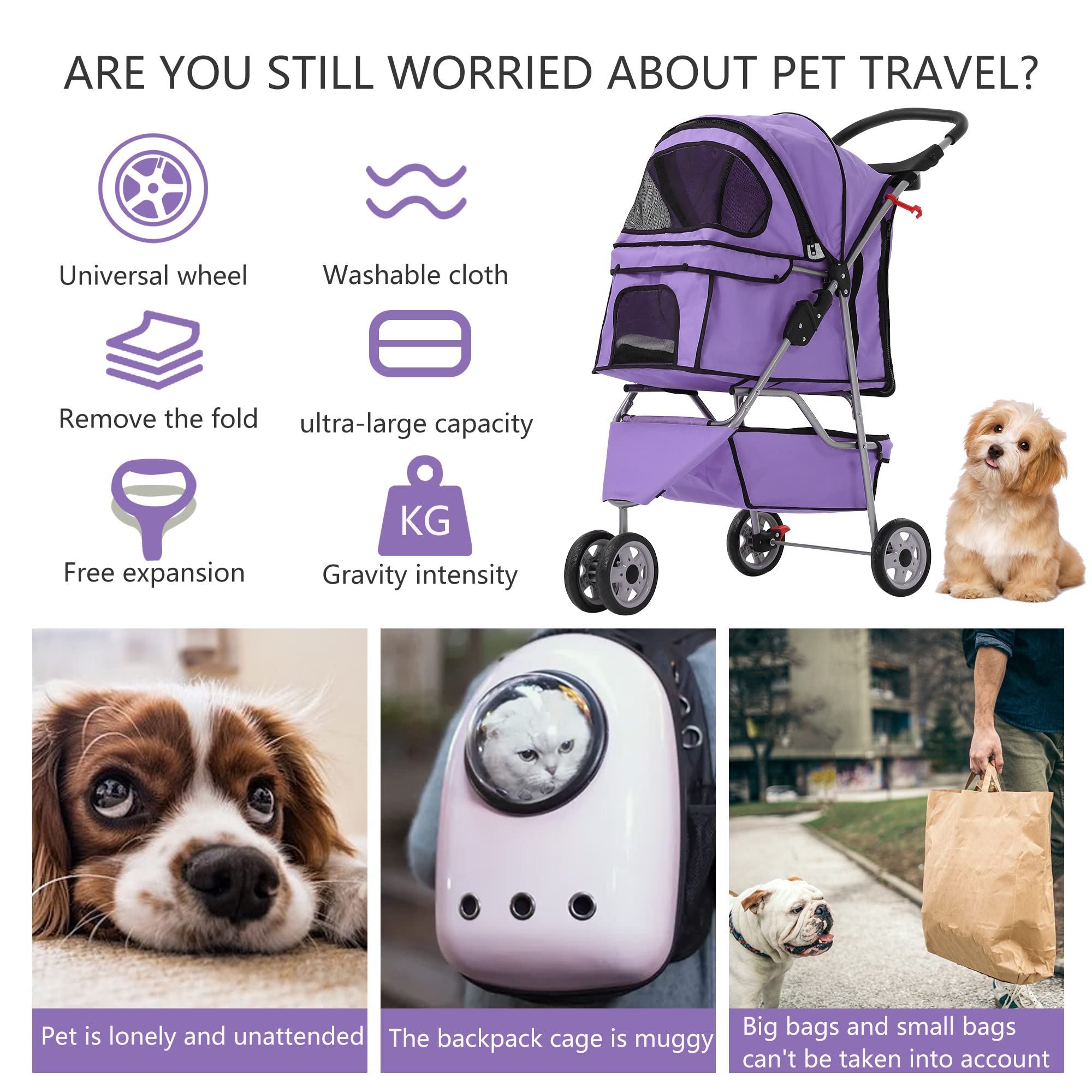 Dog Stroller,Travel Folding Pet Stroller for Small Medium Dog Cat Jogger Stroller with Storage Basket Removable Cup Holders (Pur