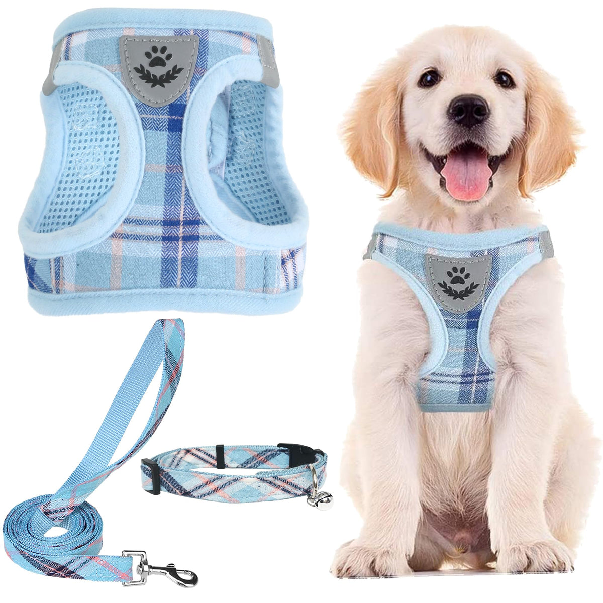 Pupteck Adjustable Dog Harness Collar And Leash Set Step In No Pull Pet Harness For Small Medium Dogs Puppy And Cats Outdoor Walking Running, Soft Mesh Padded Reflective Vest Harnesses, Blue Xl