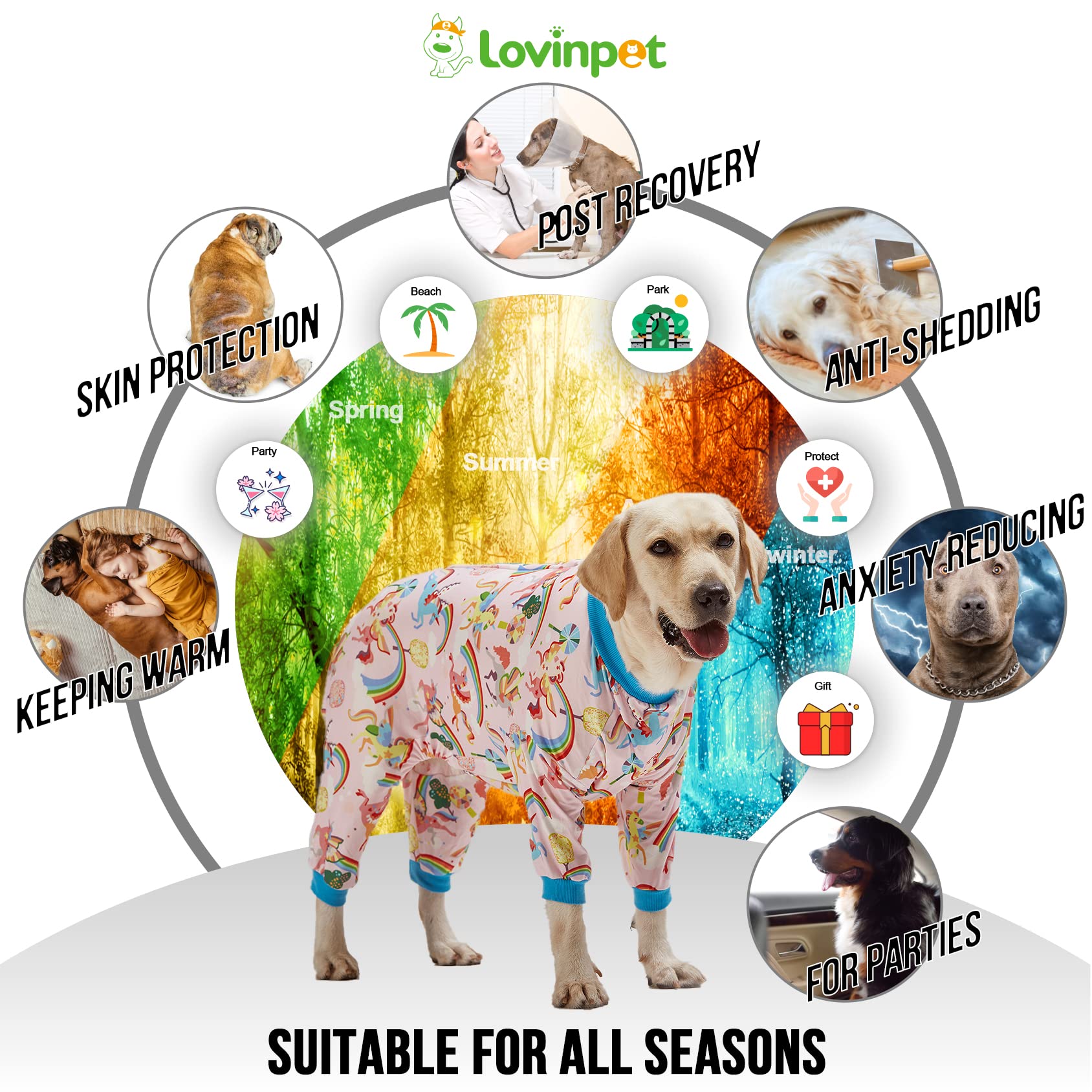 Lovinpet Large Size Dog Pajamas Onesie- Magic Rainbow Shine Pink Print, Lightweight Stretchy Knit Pullover Large Puppy Pajamas,