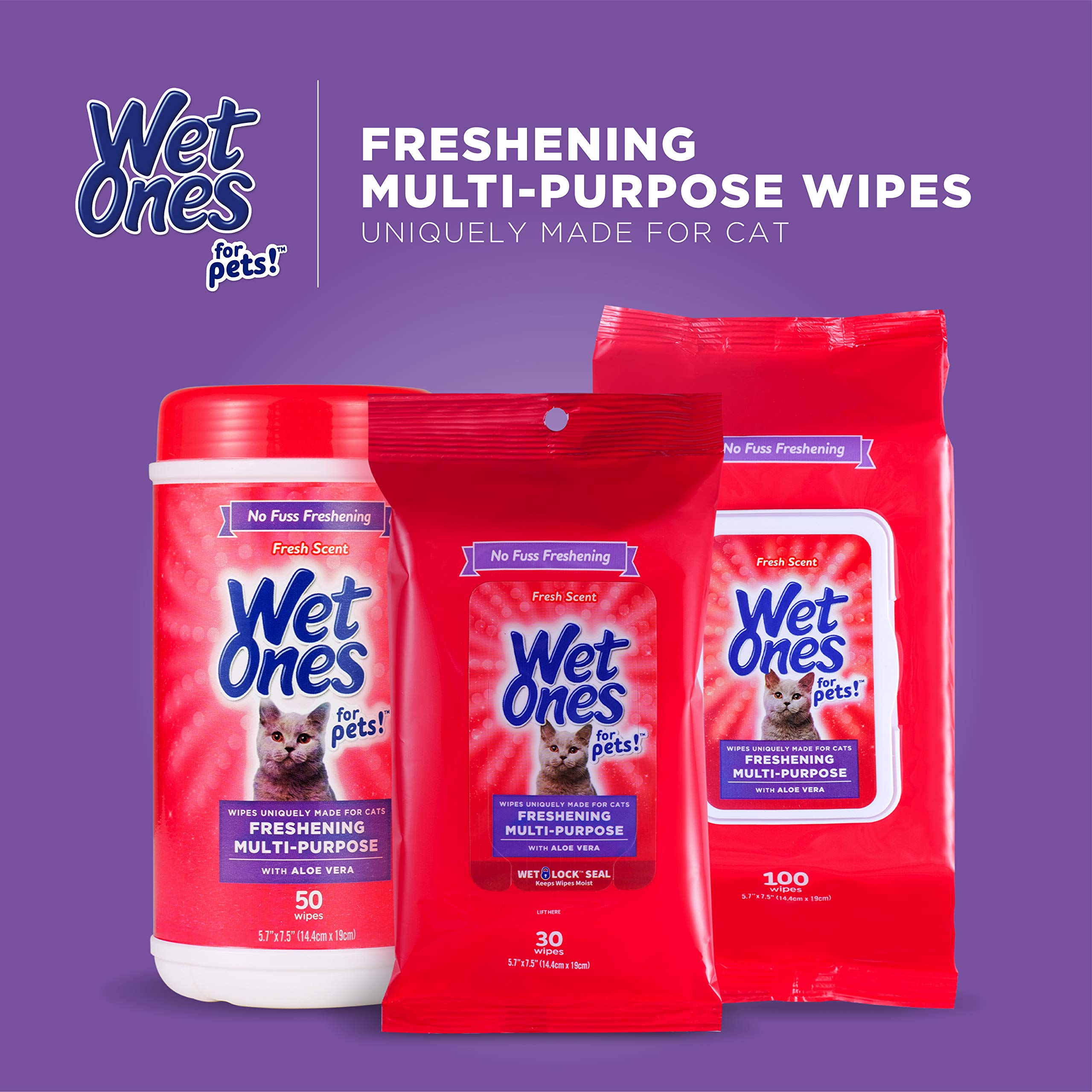 Wet Ones Freshening Multipurpose Wipes for Cats, 50 Count - 3 Pack, Aloe Vera, Easy to Use Grooming Wipes, Model FF12853PCS3