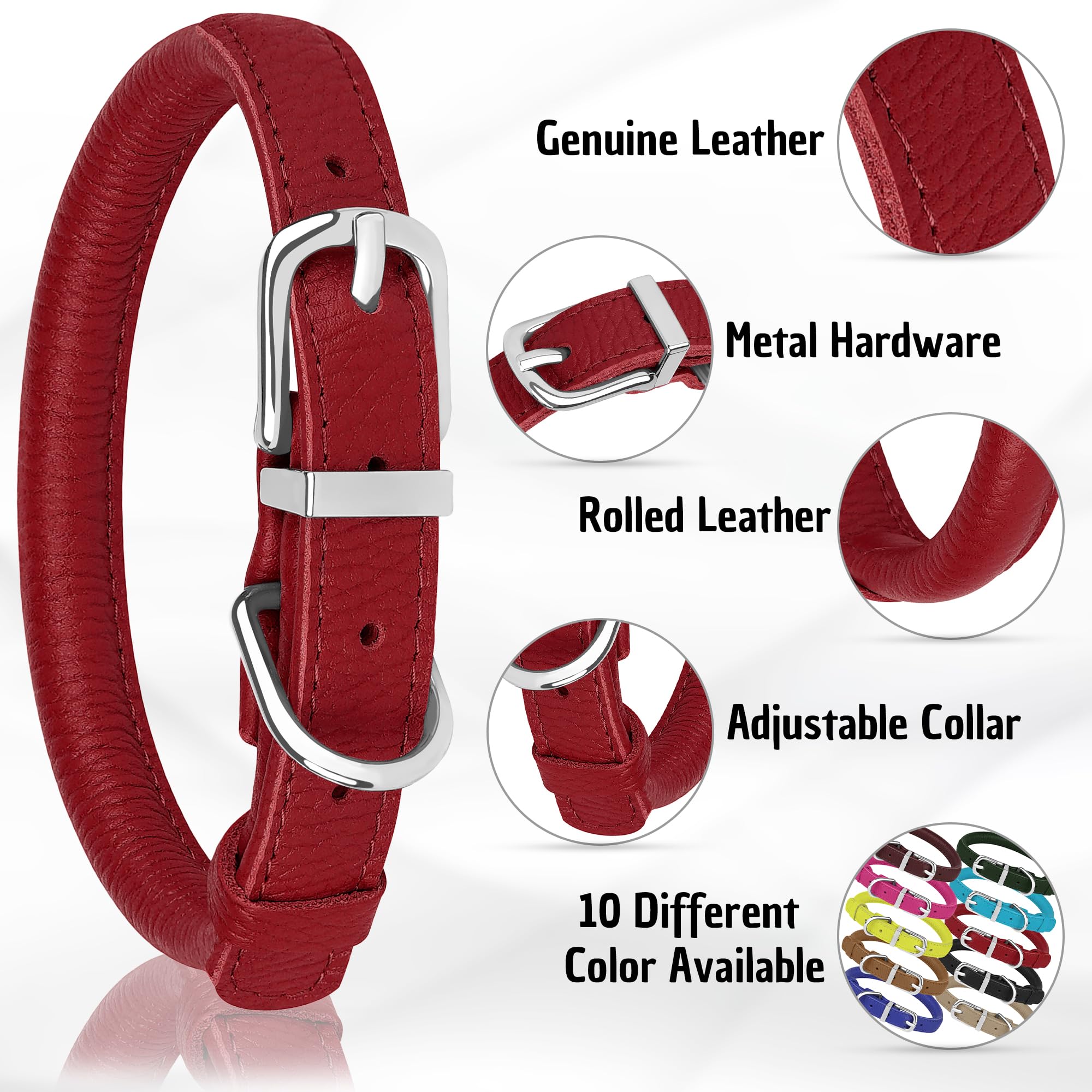 Oopsdoggy Rolled Leather Dog Collar Soft Roll Collars For Small Medium Large Dogs Puppy (Red, M, 12''-15'')