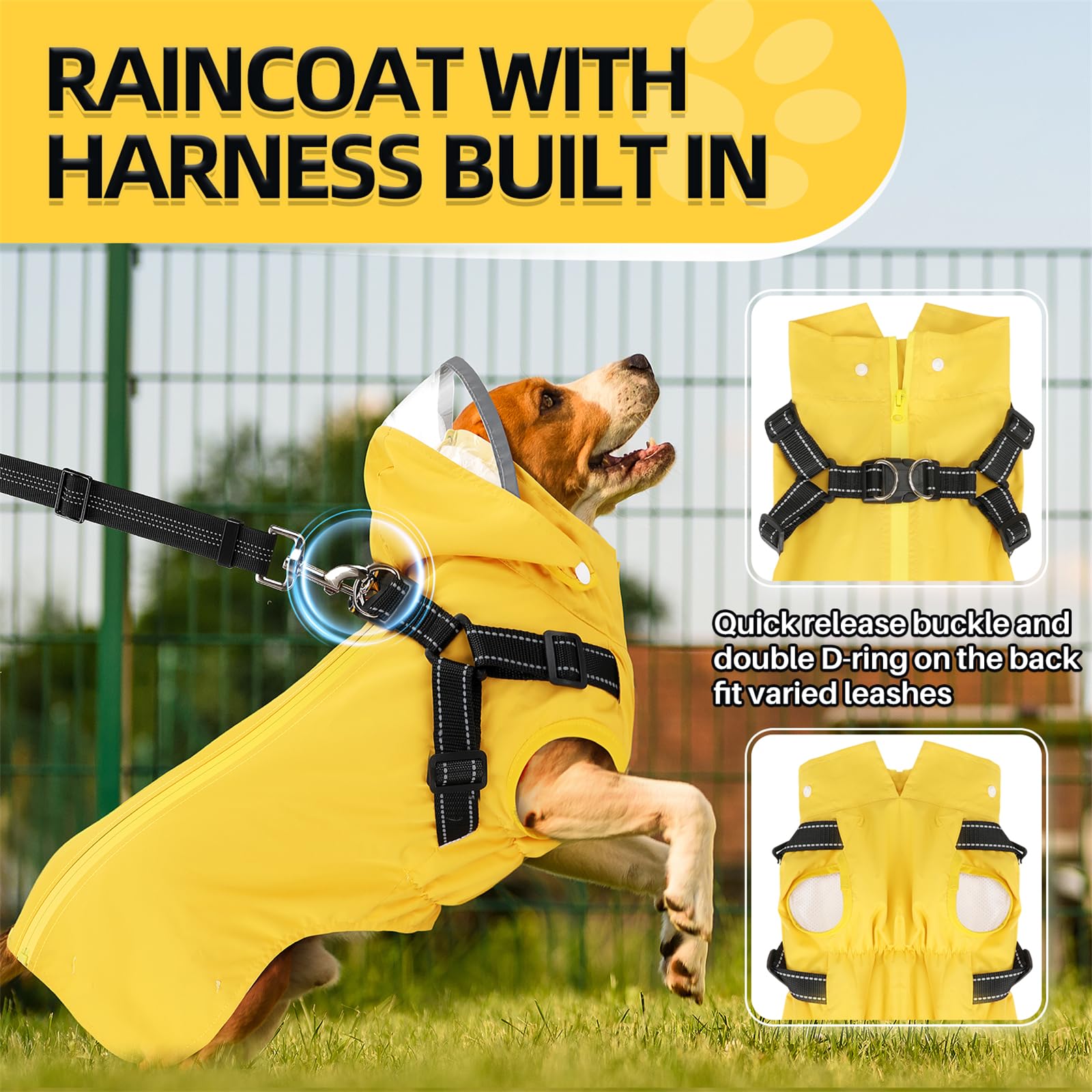 Slowton Dog Raincoat Waterproof - Dog Rain Jacket With Harness And Hood Lightweight, Reflective Dogs Rain Coat For Large Medium