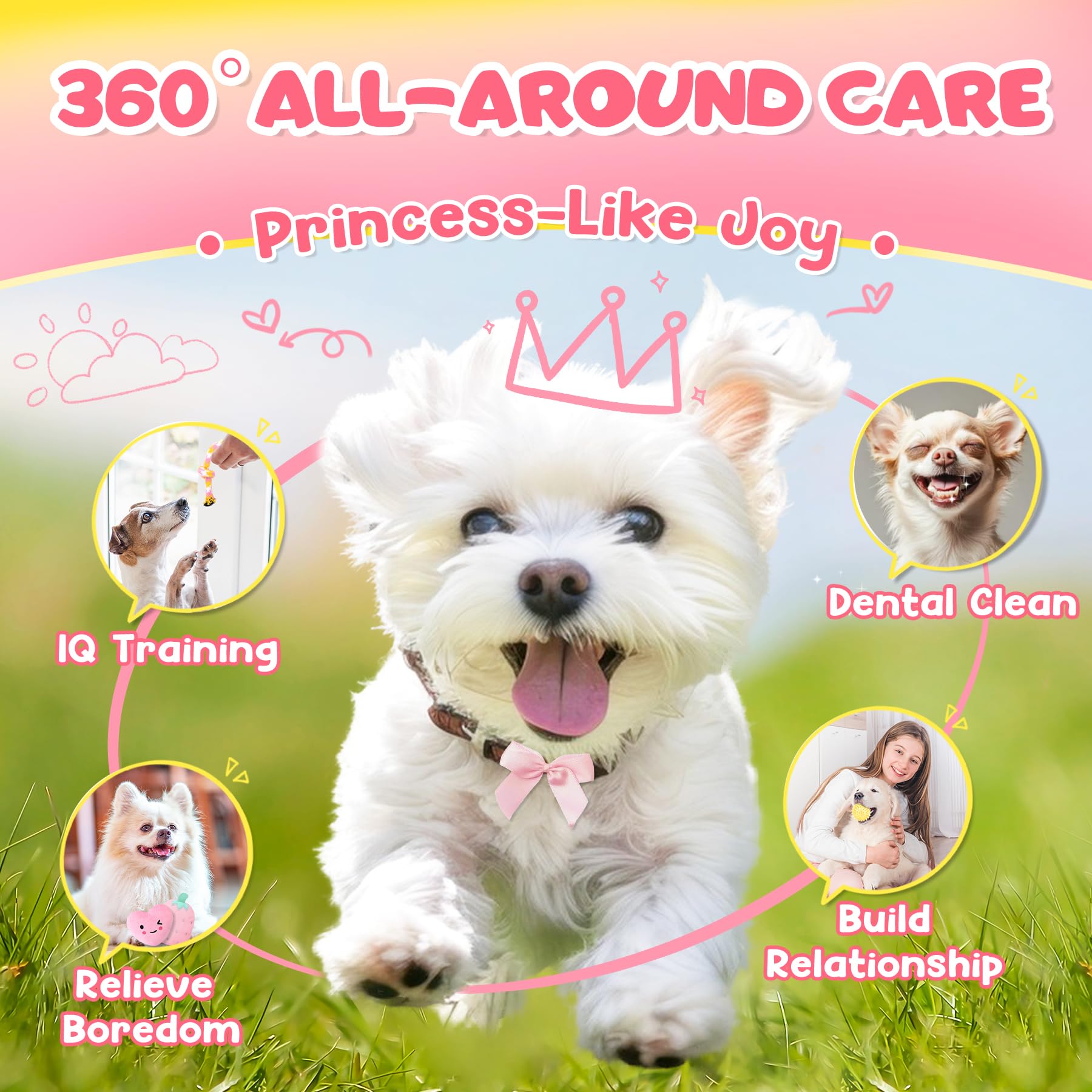 KIPRITII 25-Pack Pink Dreamy Dog Toy Set for Small Female Puppies - Includes Sweet Rope Toys, Chew Toys, Cute No-Stuffing Squeak