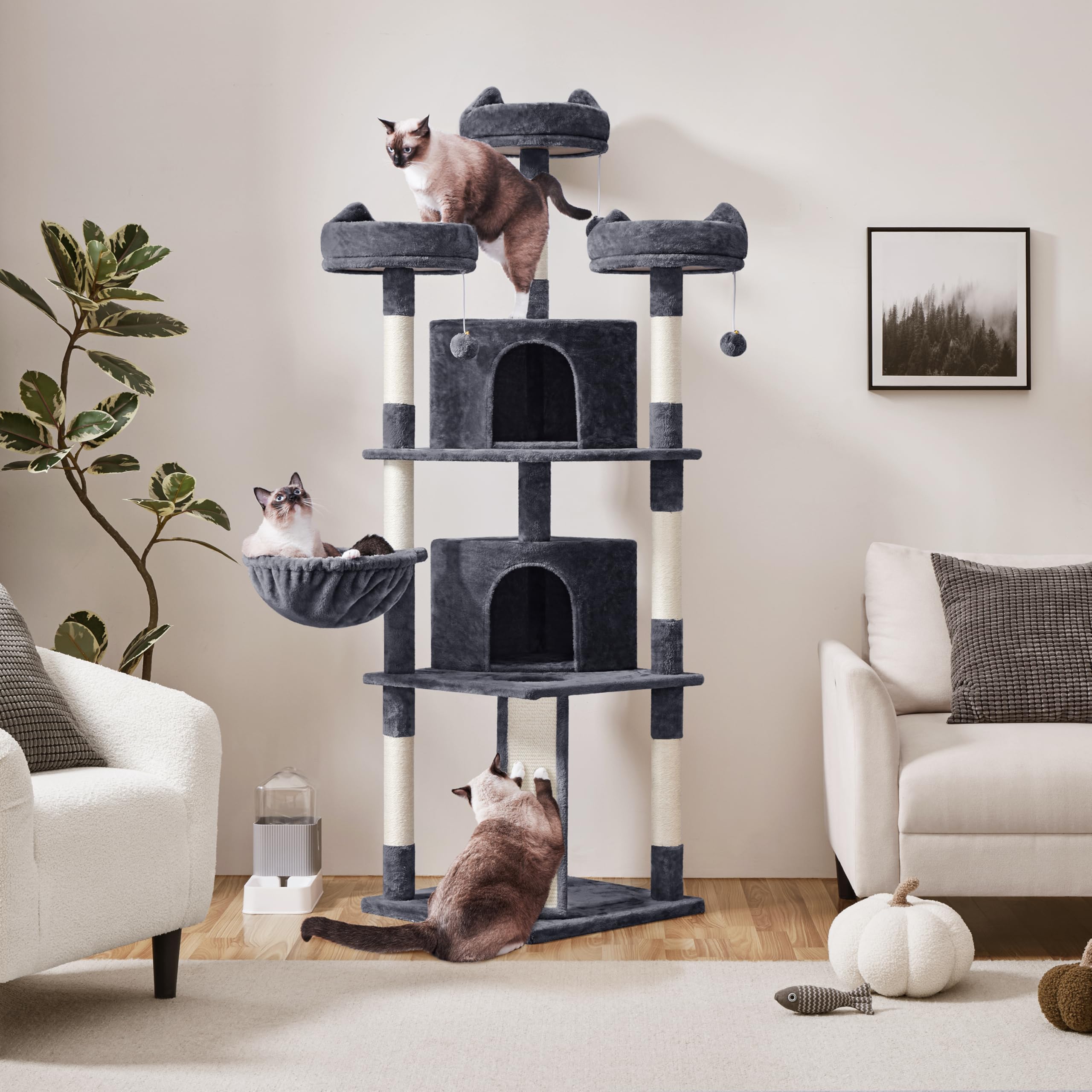 Yaheetech 76''H Large Cat Tree, Multilevel Cat House Plush Cat Tower With 2 Condos & 8 Scratching Posts For Kittens, Dark Gray