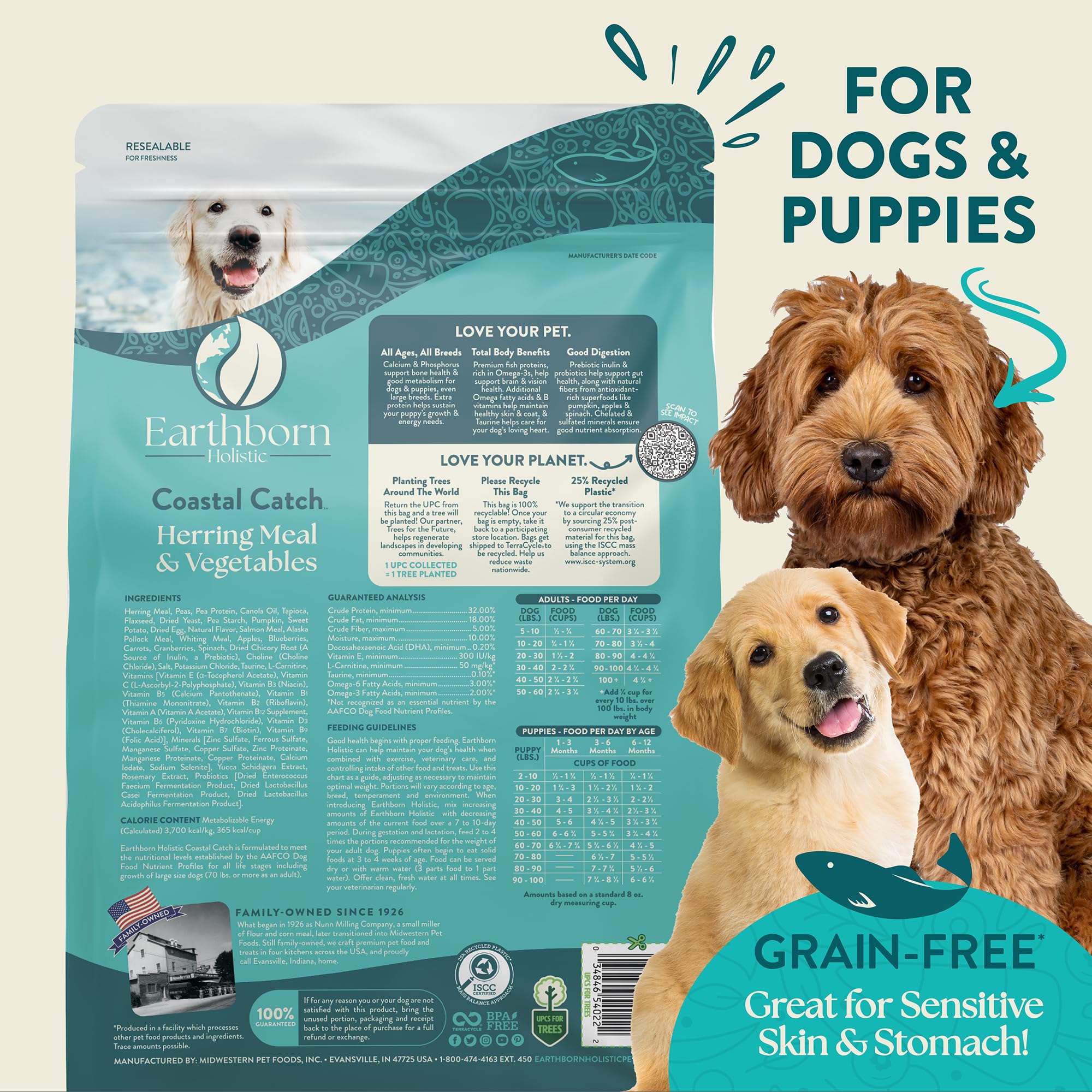 Earthborn Holistic Coastal Catch Herring Meal & Vegetables Grain-Free Sensitive Skin & Stomach Dry Food for Dogs and Puppies (12