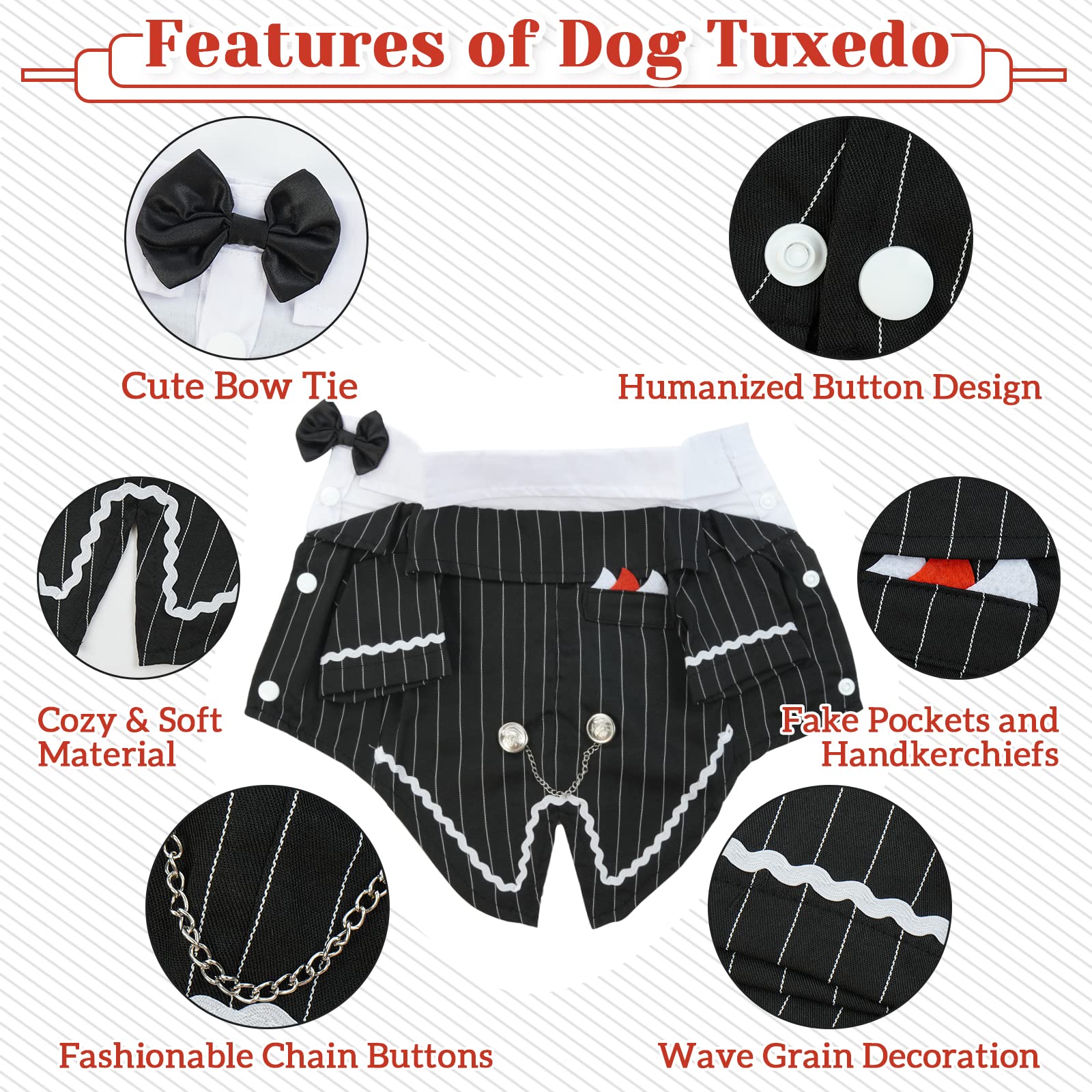 Dentrun Dog Stylish Suit Bow Tie Costume, Puppy Tuxedo Wedding Halloween Birthday Cosplay Shirt, Pet Formal Clothes For Small Me